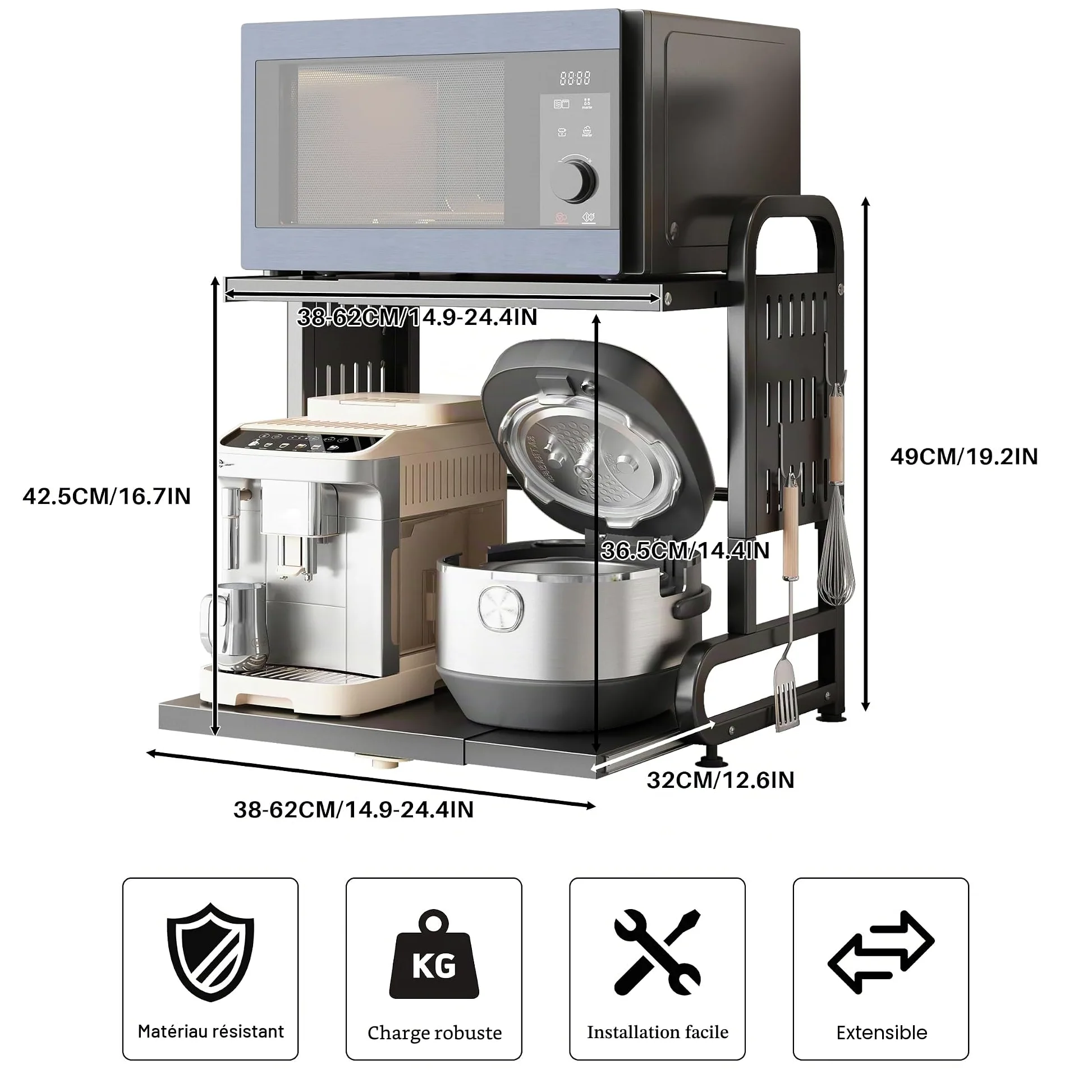 Étagère de Rangement Extensible pour Micro-Ondes, 2 Niveaux Étagère de Cuisine Réglable en Métal et 6 Crochets, Support pour Four, Microwave Oven Storage Rack (Noir)