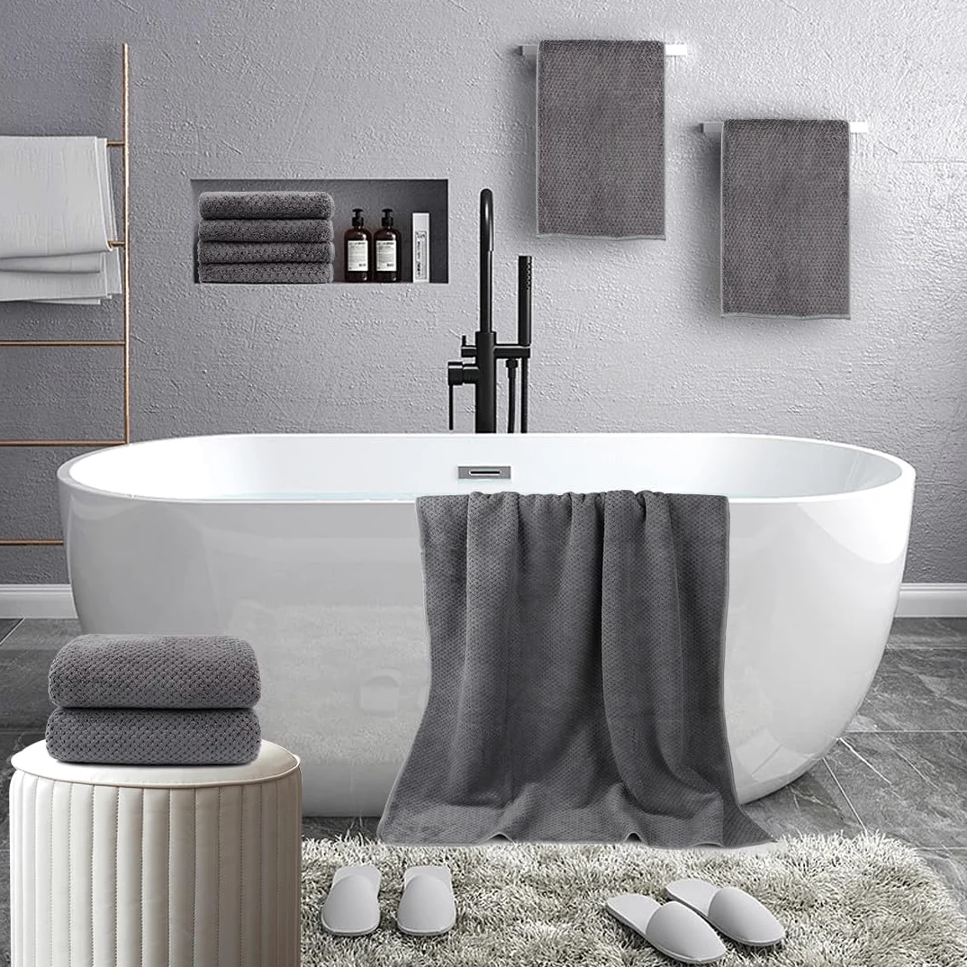HOMEXCEL Lot de 8 Serviettes de Bain en Microfibre – 2 Serviettes de Bain, 2 essuie-Mains et 4 débarbouillettes, Super Douces, très absorbantes pour Salle de Bain, Salle de Sport, hôtel et Spa (Gris)
