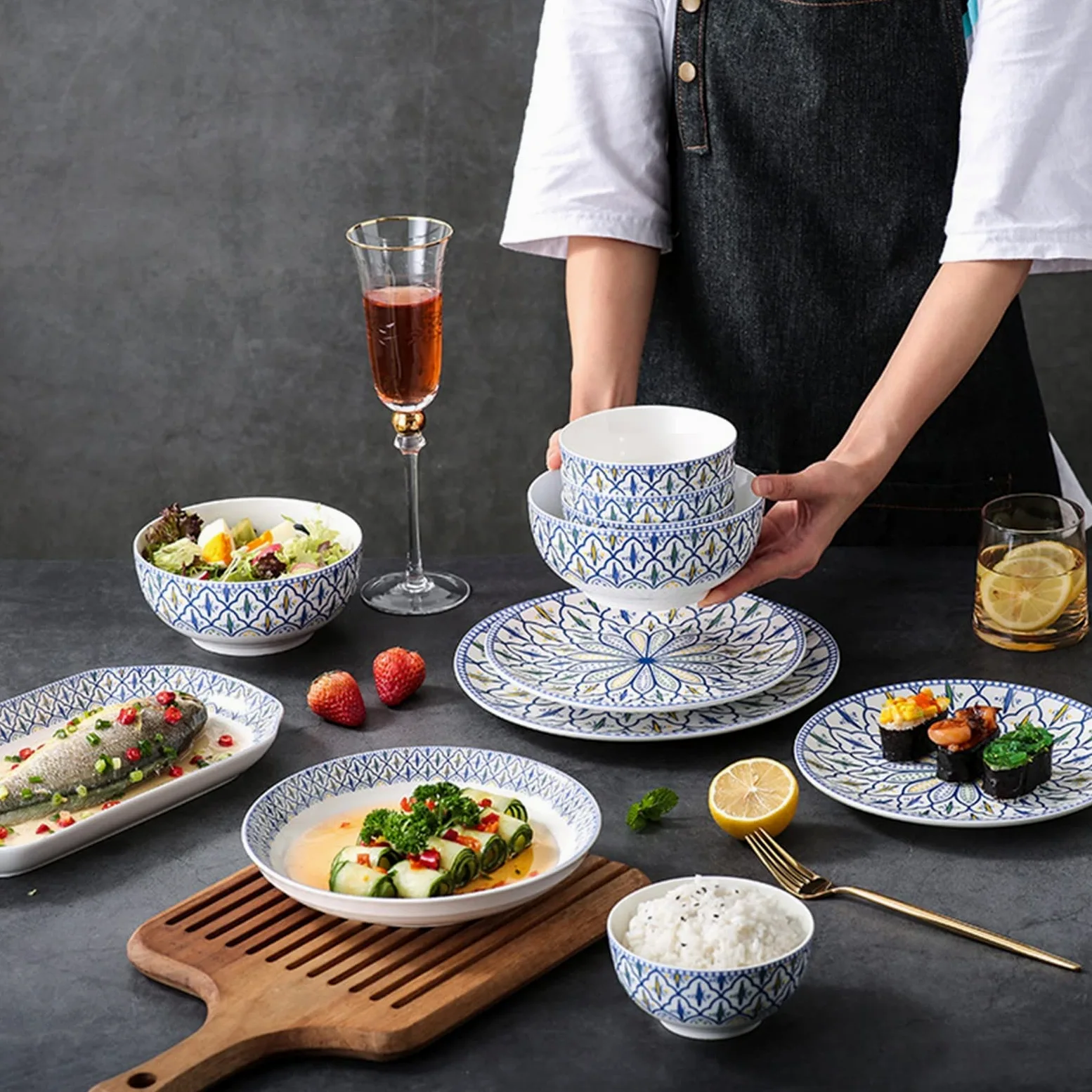 Service de Table en céramique pour 6 à 25 pièces, Service de Vaisselle, Services de Table de Cuisine avec Assiettes Plates, Assiettes à Salade et Bols, Lavable (