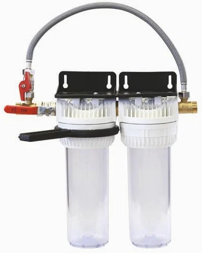 AQUAWATER - Station Filtre Double avec By-Pass - Dimension Standard 9''3/4 - Pour Traitement d'Eau - Ø9''3/4 - Équerre de Fixation et Clé de Desserrage - Blanc
