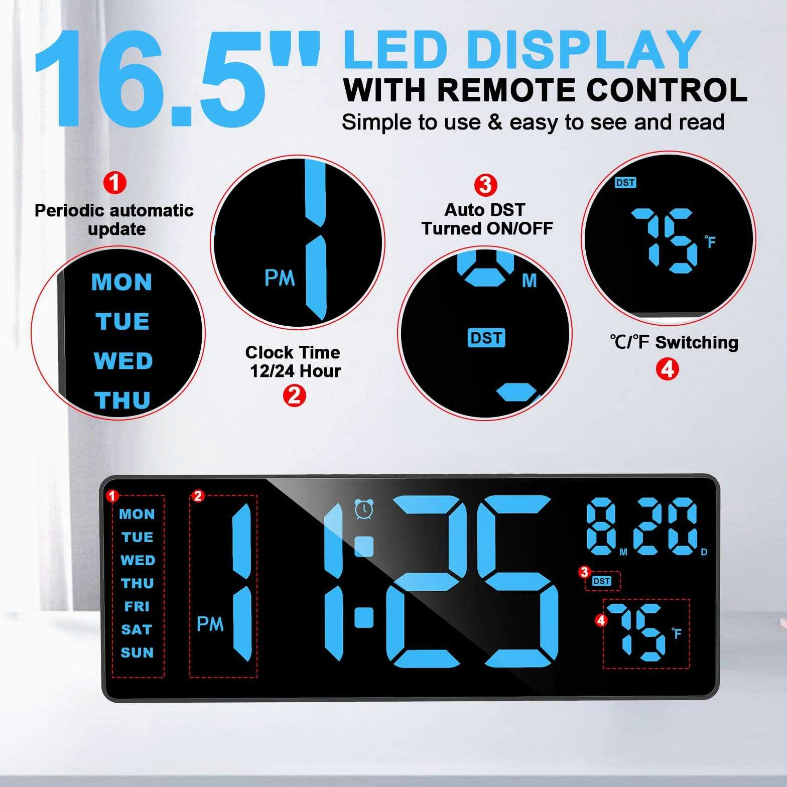 XREXS Horloge murale numérique avec grand écran, horloge murale LED de 41,5 cm (16,5") avec 6 veilleuses à changement de couleur, compte à rebours DST automatique avec contrôle