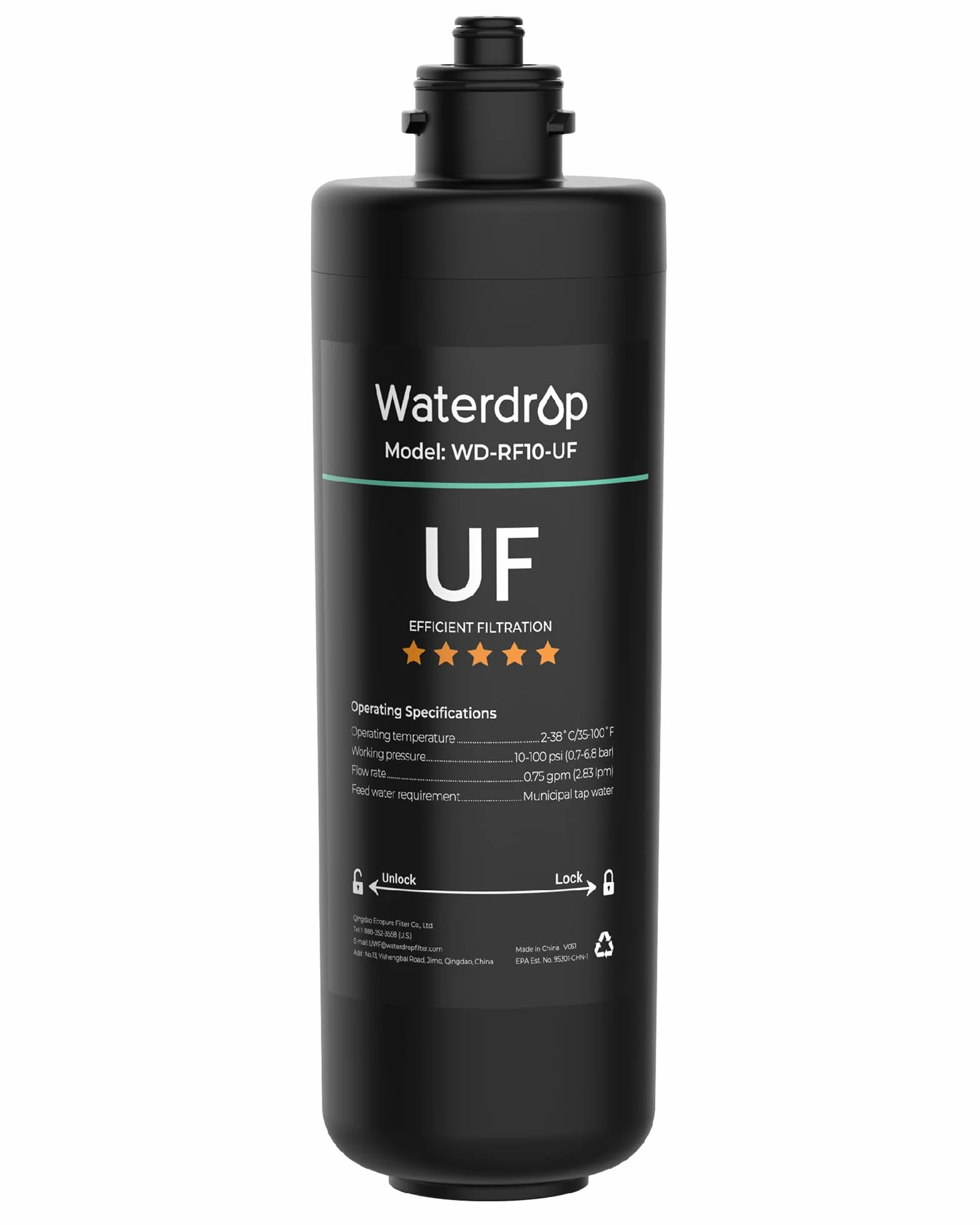 Waterdrop RF10-UF Catouche de filtre de rechange 0,01 micron pour filtre à eau sous évier 10UA/10UA-UF/10UB/10UB-UF, réduit le plomb, le chlore, le mauvais goût et les odeurs