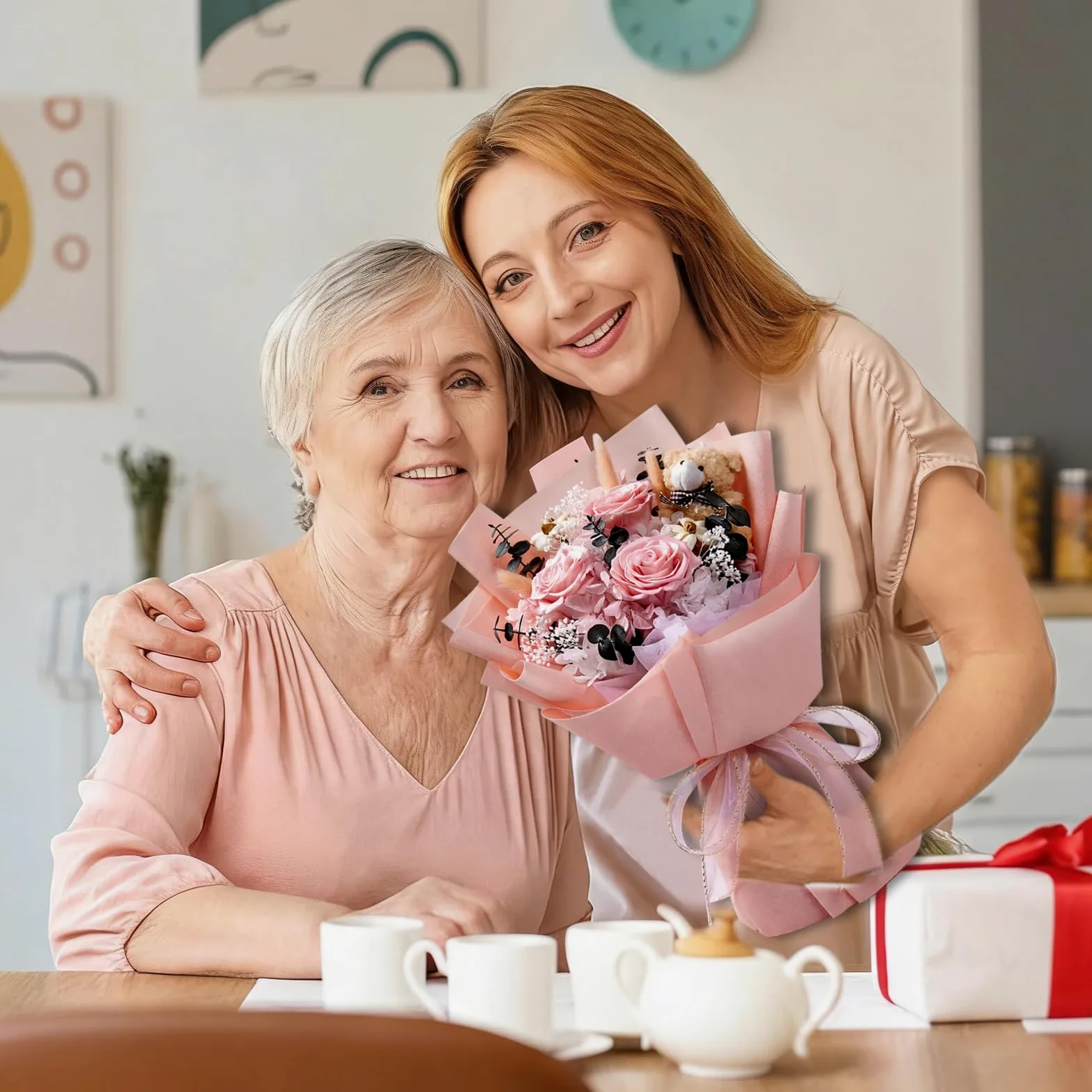 Bouquet de Roses Éternelles, Fleur Eternelle avec Un Ours, Fleurs Préservées avec Coffret Cadeau, Cadeau Femme, Maman, Épouse, Fête des Mères, Saint-Valentin, Anniversaire
