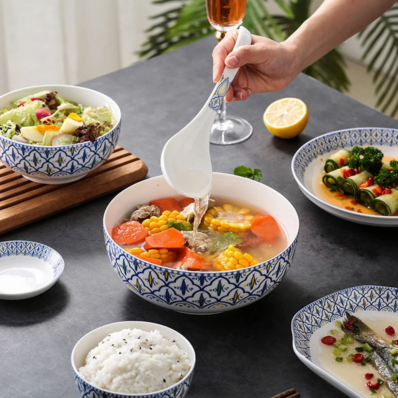 Service de Table en céramique pour 6 à 25 pièces, Service de Vaisselle, Services de Table de Cuisine avec Assiettes Plates, Assiettes à Salade et Bols, Lavable (