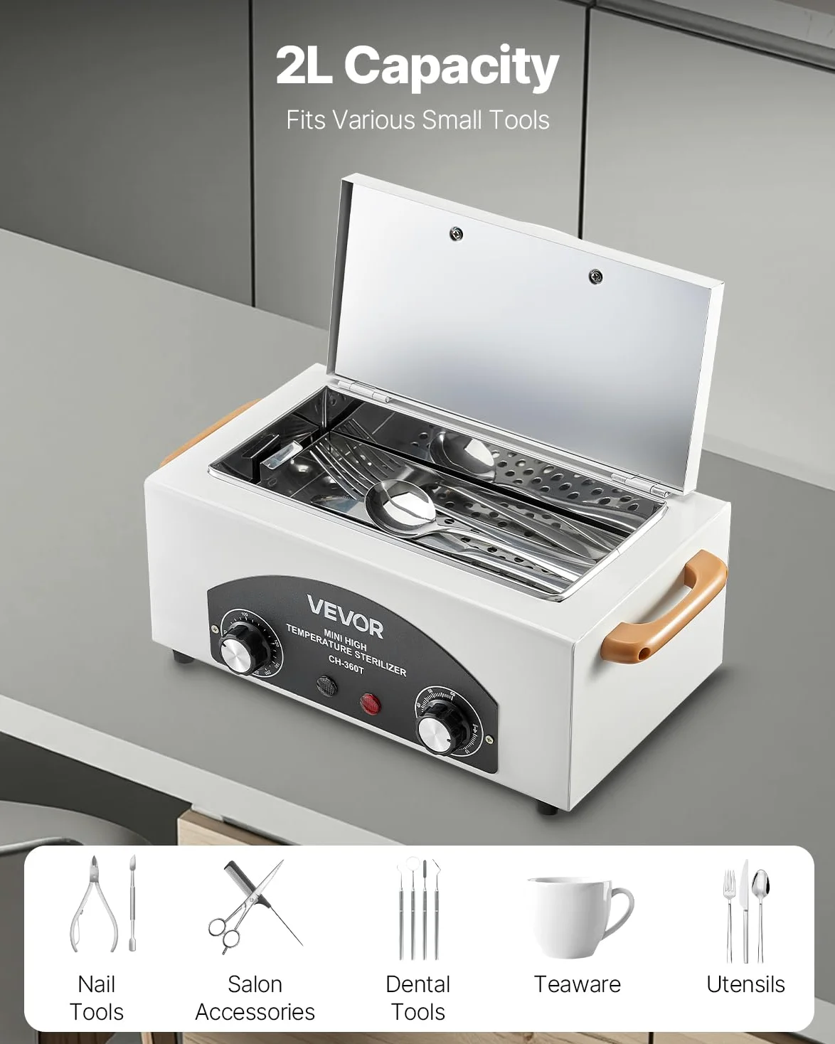 VEVOR Stérilisateur à Air Chaud 2 L 300 W, Boîte de Désinfection à Haute Température, Température et Durée Réglables, pour Nettoyage des Outils d'Onglerie, Labo, Maison, Salon de Manucure et de Beauté