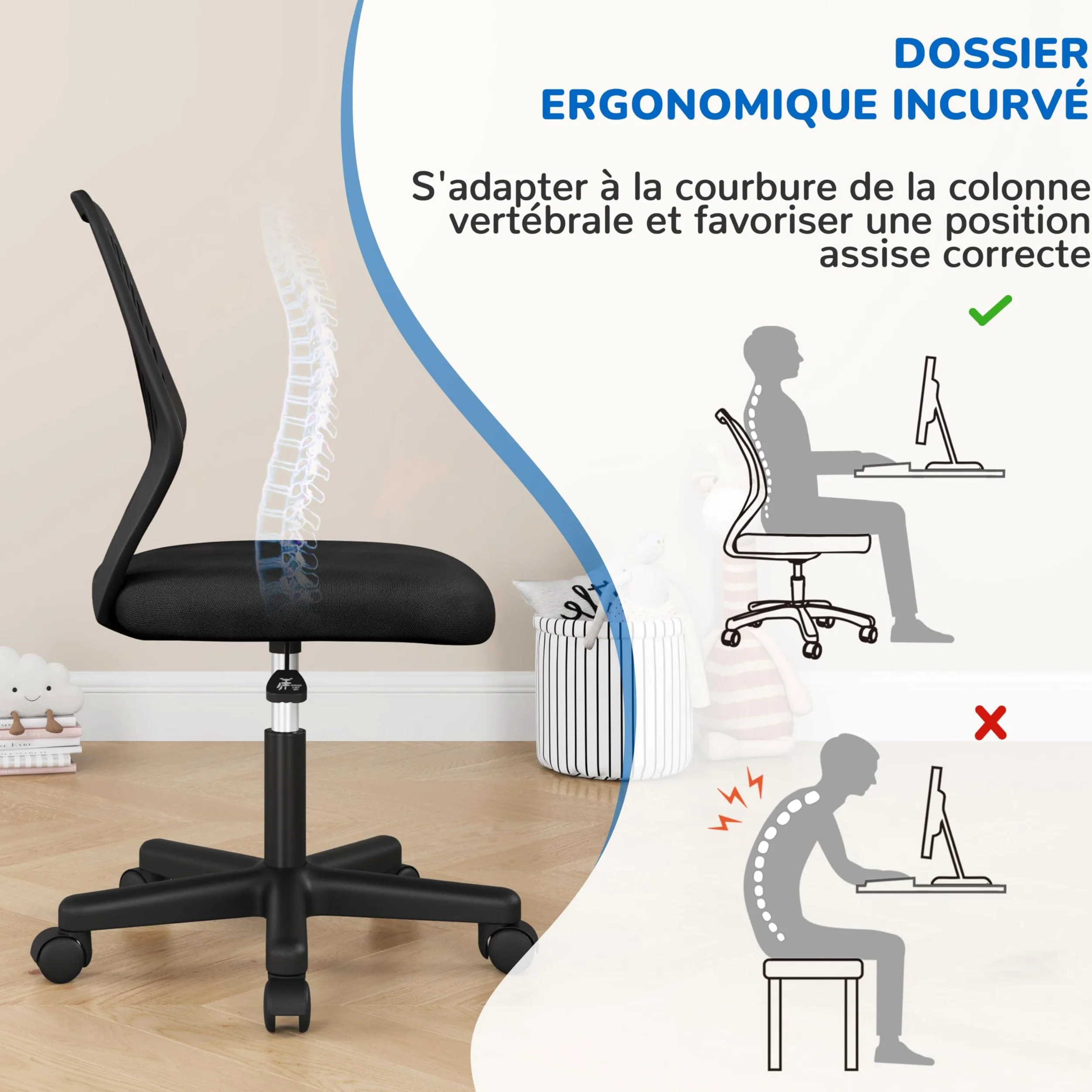Yaheetech Chaise de Bureau, Chaise d'Ordinateur, Fauteuil Bureau Ergonomique, Pivotant, Fonction Réglage, Style Moderne, Charge de 136kg Noir