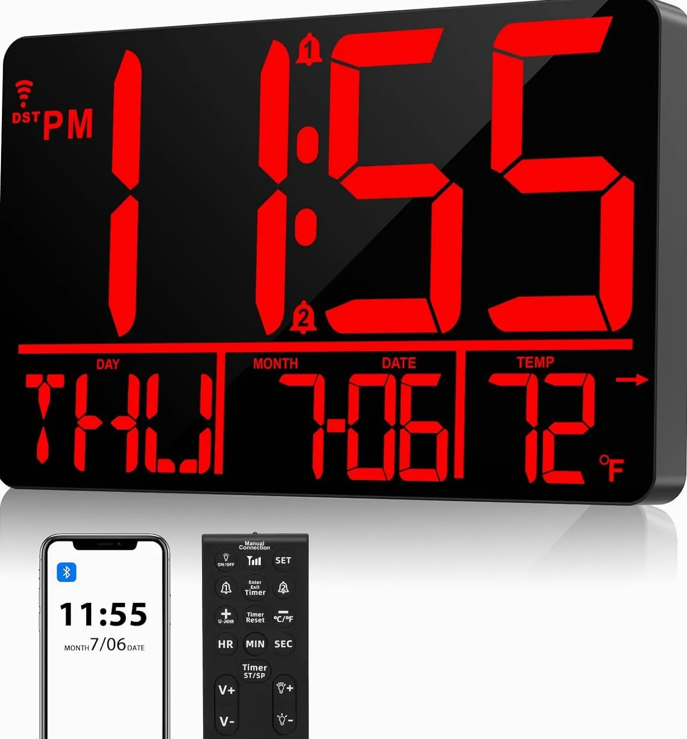 Grande horloge murale numérique LED de 33 cm avec télécommande, synchronisation Bluetooth, 25 sonneries, température, date et jour de la semaine, double alarme, luminosité automatique, DST