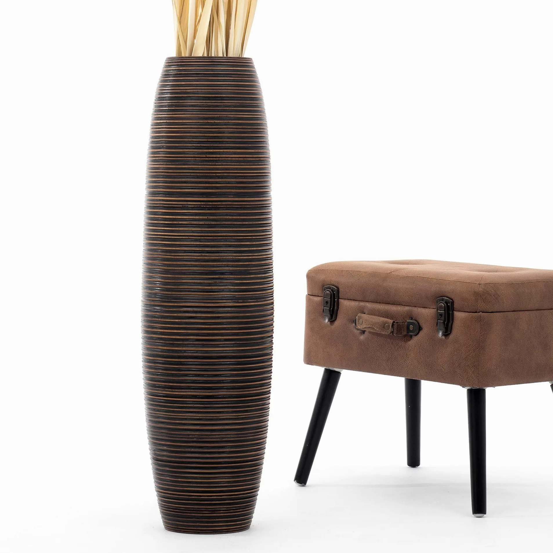 Leewadee Grand Vase de Sol 85 cm Bois de Manguier Pampa & Fleurs Séchées | Vase Déco pour Salon, pour Branches & Herbes Séchées. Plus solide que la Céramique, sans Eau. Bohème