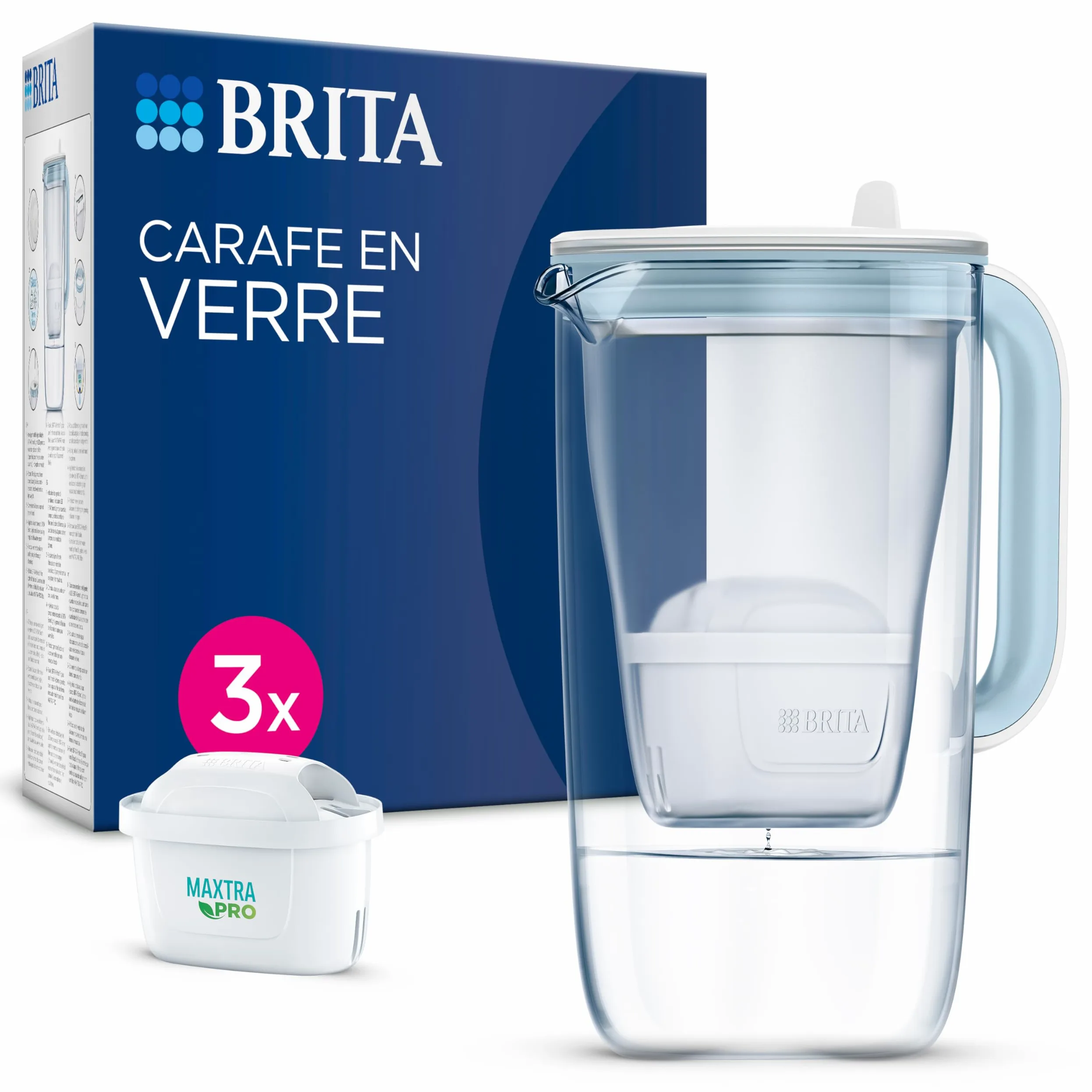 BRITA Carafe Filtrante Verre Bleue (2,5l) incl 3 filtres à eau robinet MAXTRA PRO Pure Performance réduit PFAS*, calcaire, chlore, certaines impuretés et métaux indicateur temps et volume versé