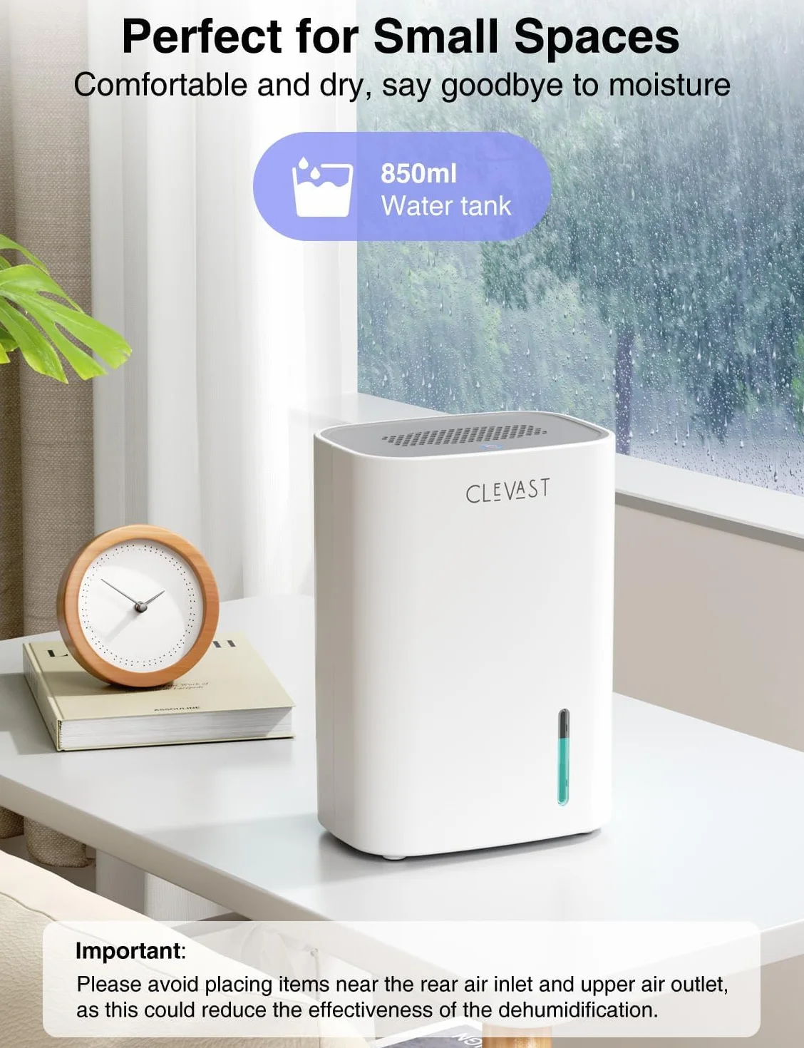 CLEVAST Déshumidificateur Électrique 850 ml, Ultra Silencieux avec Arrêt automatique, Mini Déshumidificateur Portable pour Chambre à Coucher, Salle de Bain, Armoire, Chambre d'Enfant