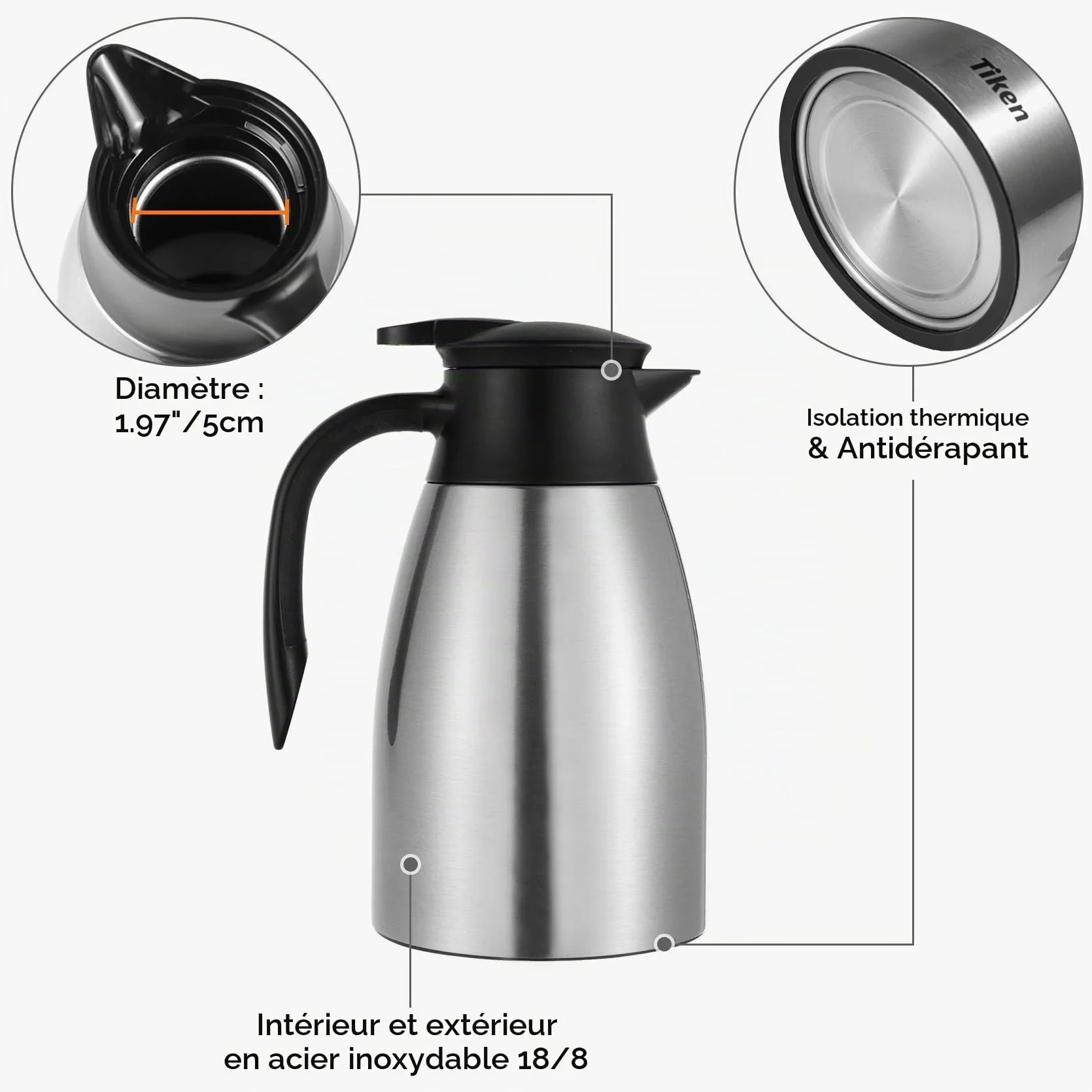 Tiken 1.5L Carafe à Café Isotherme en Acier Inoxydable, pour Boissons Chaudes ou Froides - Résiste à l'épreuve du Temps, Anti-fuites et Facile à Utiliser