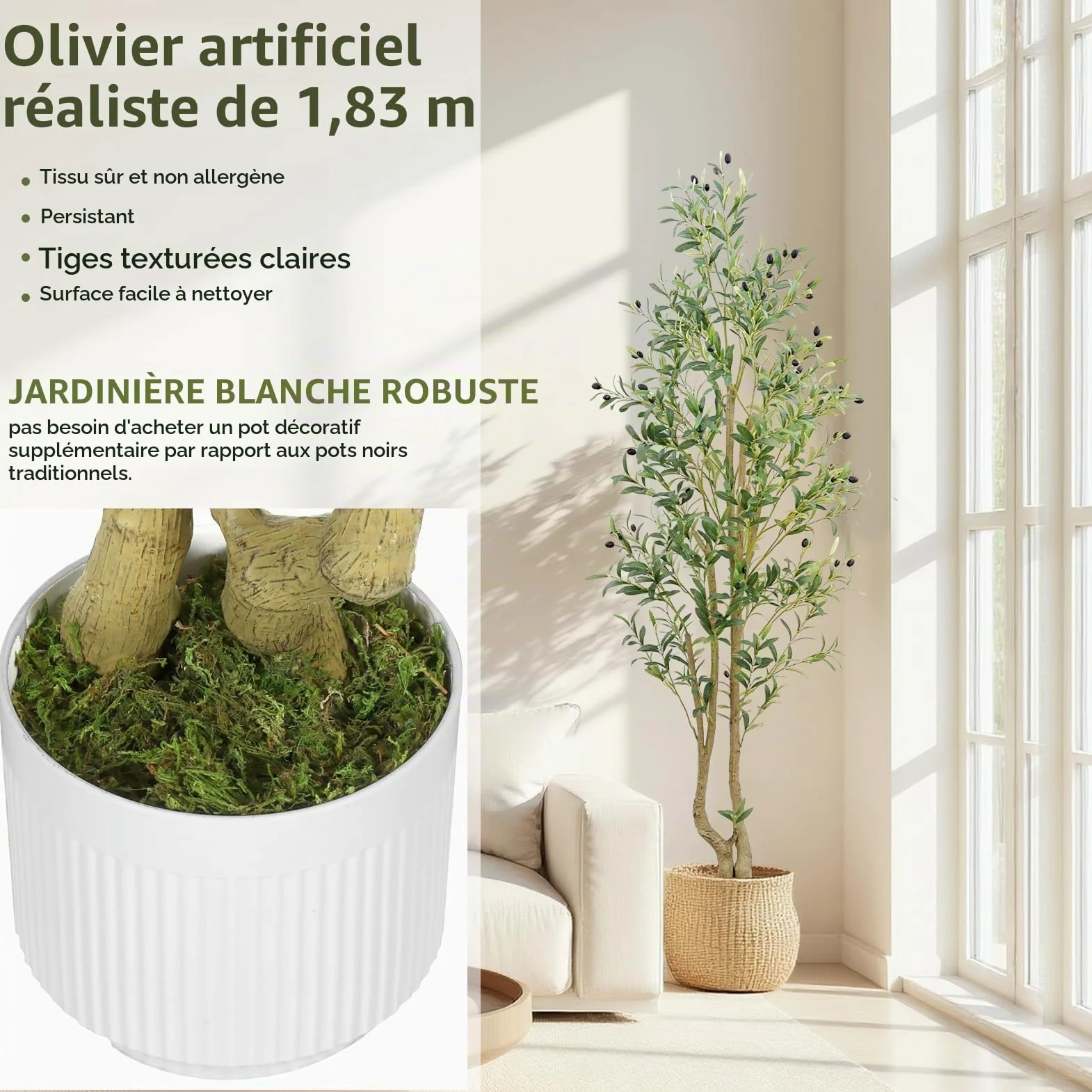 HZXGCP Olivier artificiel de 1,8 m avec pot blanc, faux arbre avec 1296 feuilles denses et 72 fruits d'olivier artificiels – Assemblage facile, nécessite peu d'entretien (olivier de 1,8 m)