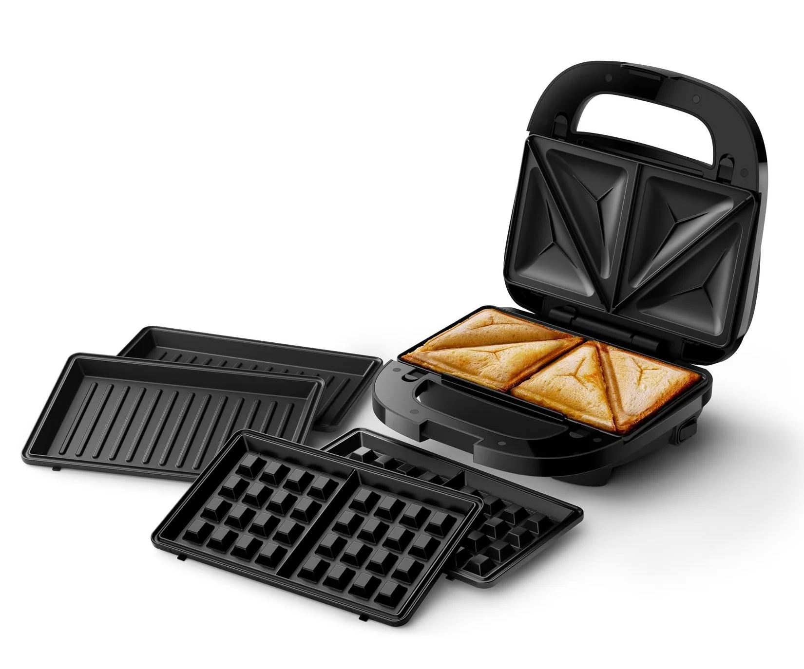 Philips Croque monsieur 3 en 1 Série 5000-3 jeux de plaques pour toaster (paninis, sandwichs) et gaufrier, Plaques de gril antiadhésive, système Easy Lock, Puissance de 750W, Noir (HD2350/80)
