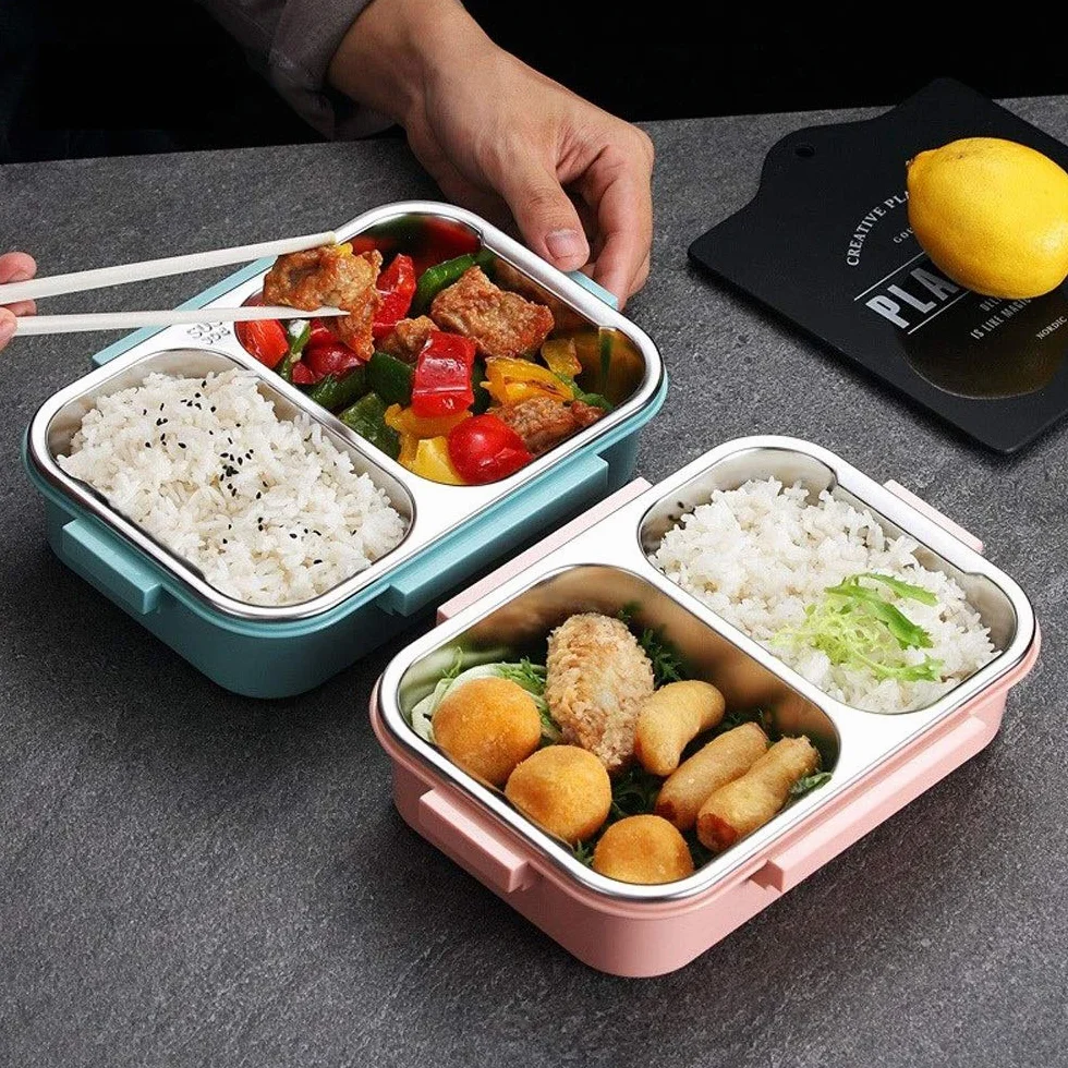 Boîte à bento japonaise avec compartiment, en acier inoxydable 304, récipient alimentaire scolaire étanche(Pink)