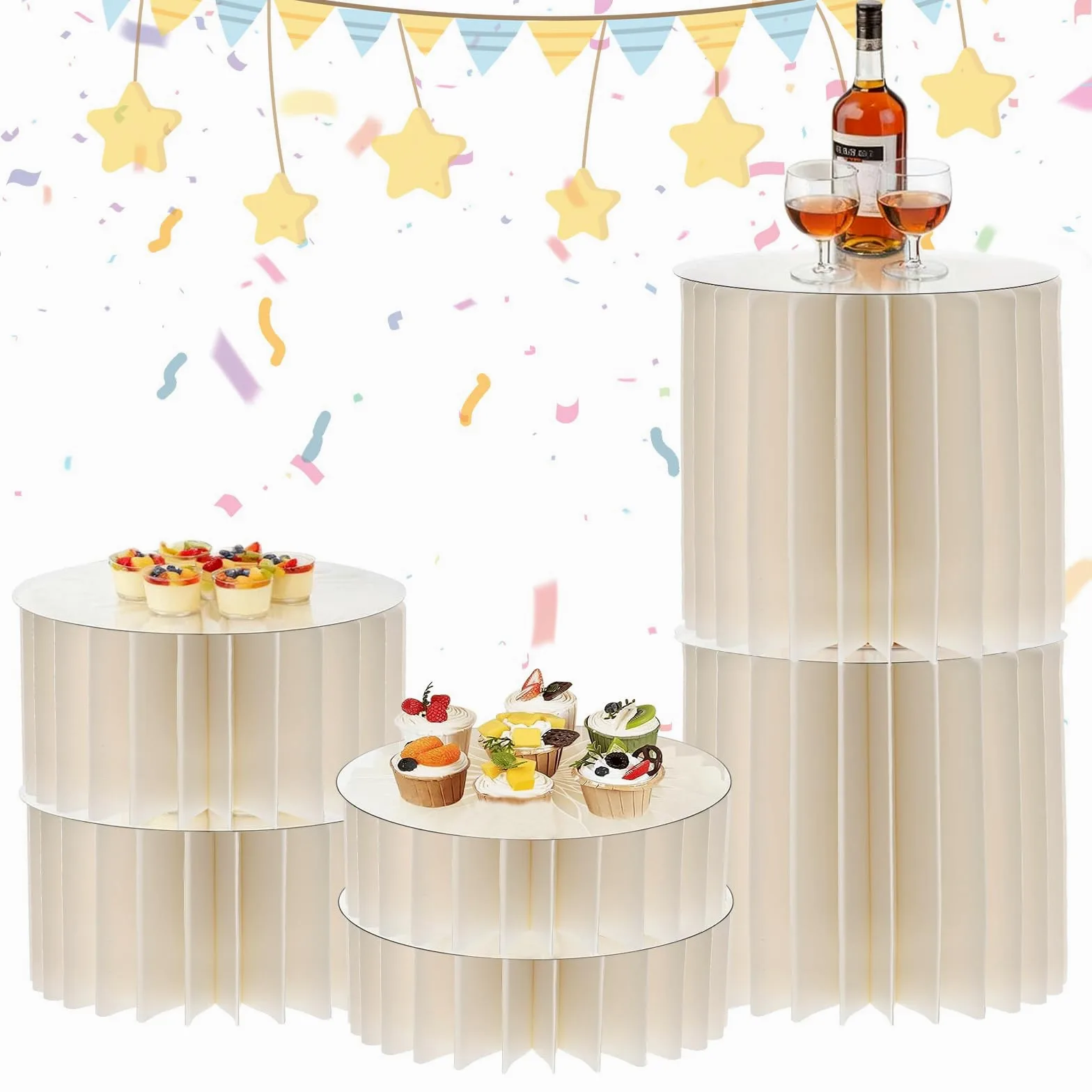 Lot de 6 Presentoir Aperitif Buffet Pliable, Presentoir Gateau avec 6 assiettes rondes en PVC, Support Gateau en Acrylique et en Carton, pour Traiteur, Dessert, Bijoux, Figurines, Bonbons, Aliments