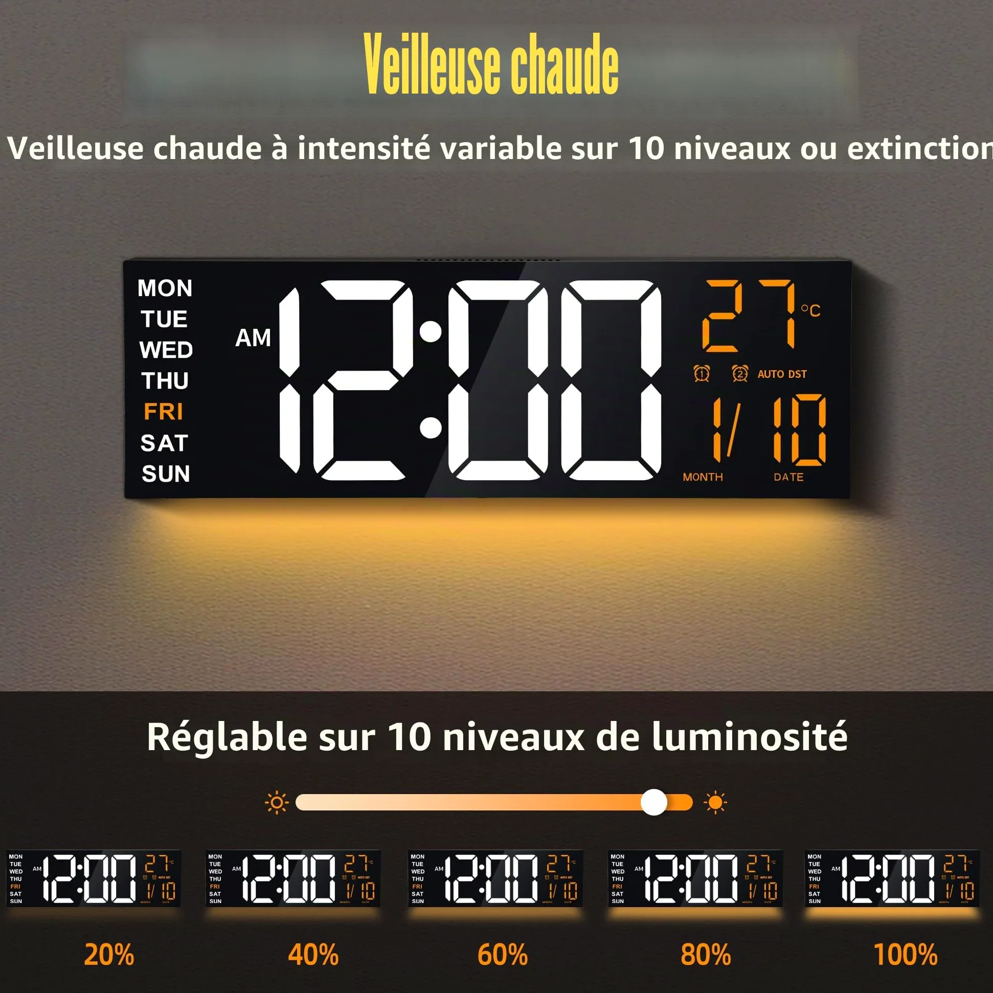 Horloge Numérique Murale 16,5" avec Minuteur, Lumière Nocturne, 2 Réveils, 8 Couleurs RGB, Réglage Auto de la Luminosité, Température, Date, 24/12 Heure pour le Salon, Chambre, Bureau, Seniors