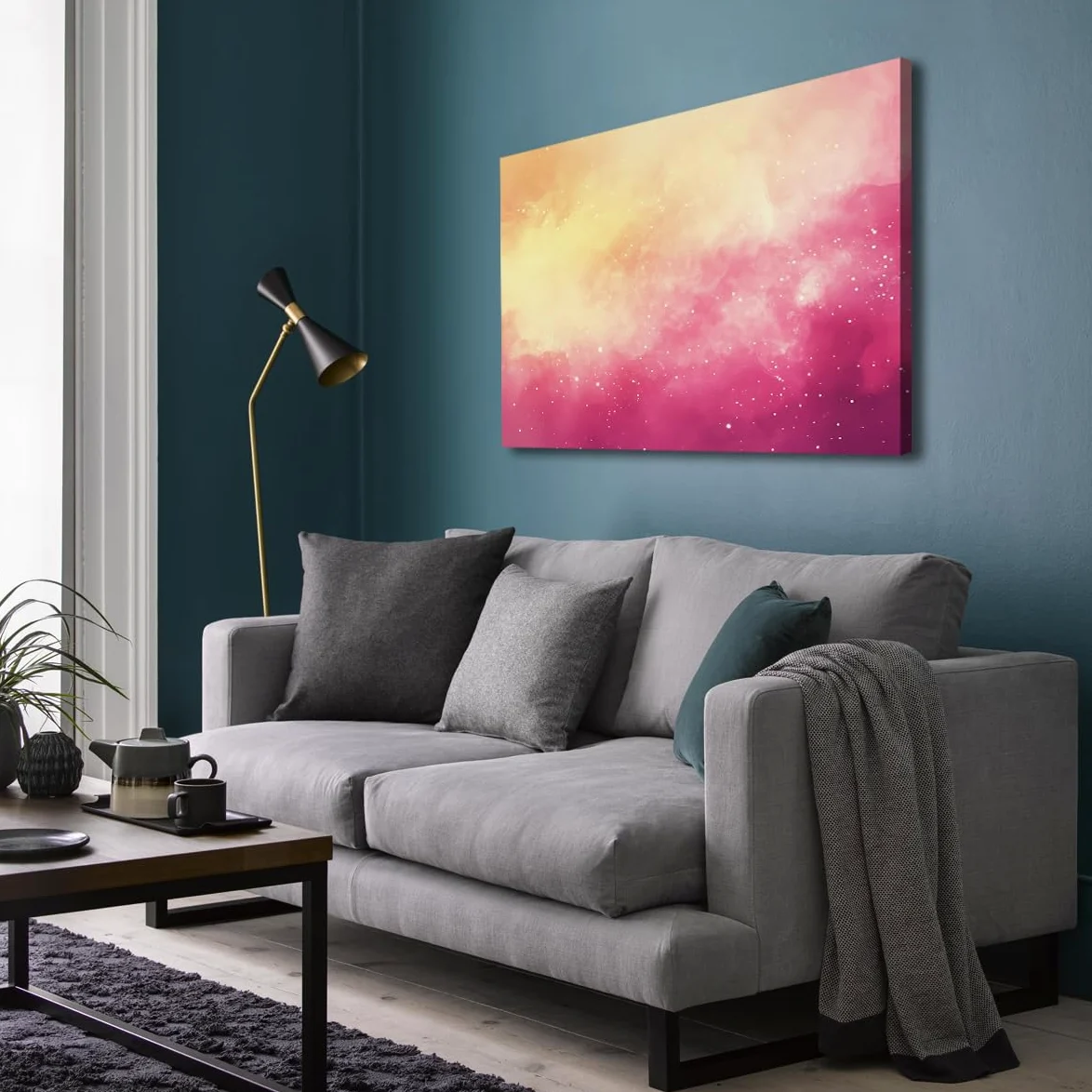 Via Vela Art mural abstrait galaxien en toile Décorations en dégradé rose et jaune chaud Affiches de rêve Ciel étoilé Peinture murale pour la décoration de la chambre 60x80cm