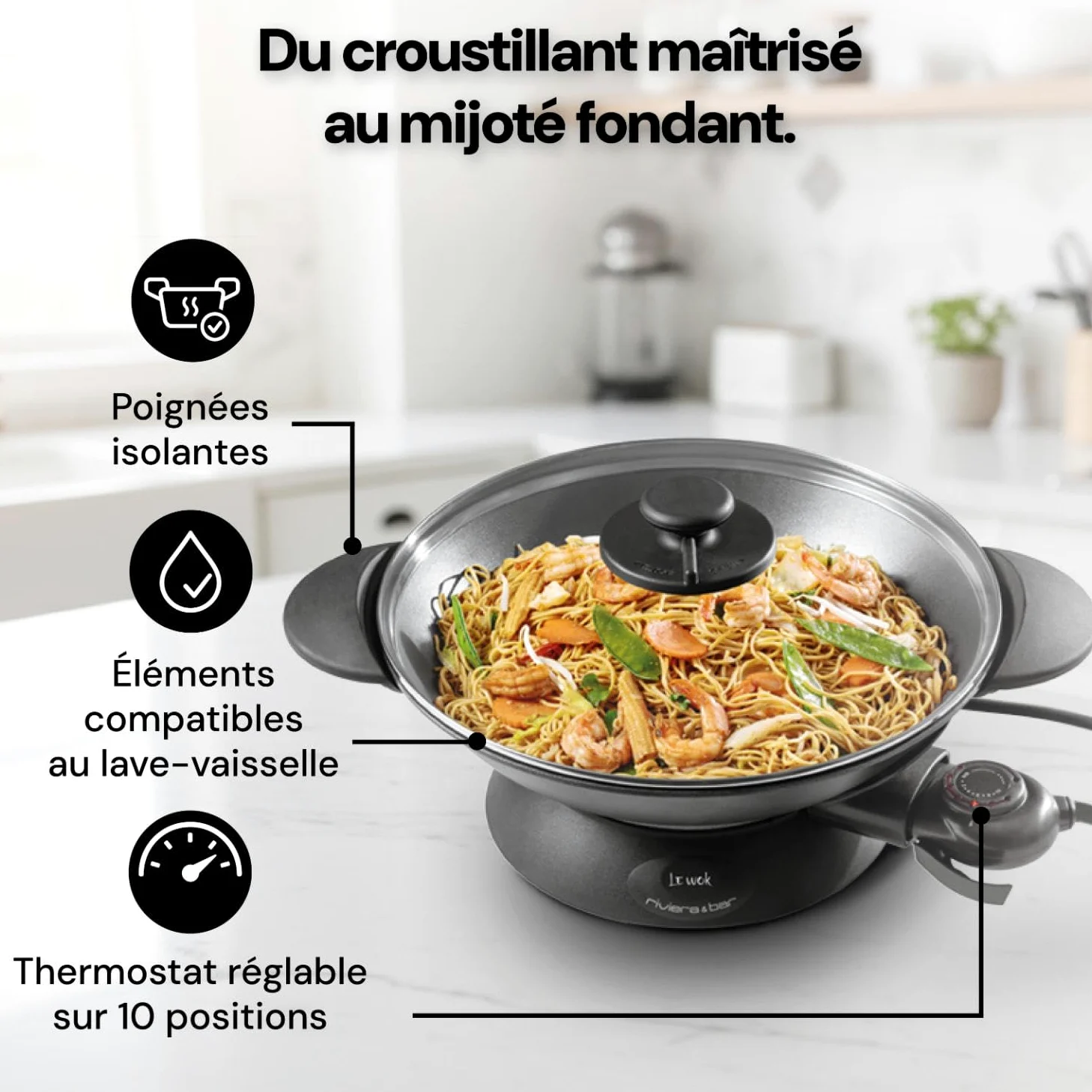 riviera&bar Wok Électrique Expert 5L - 2200W, Cuve en Fonte d'Aluminium, Couvercle en Verre, Thermostat Réglable 10 Positions - Idéal pour 8 Personnes - Accessoires Inclus - Nettoyage Facile