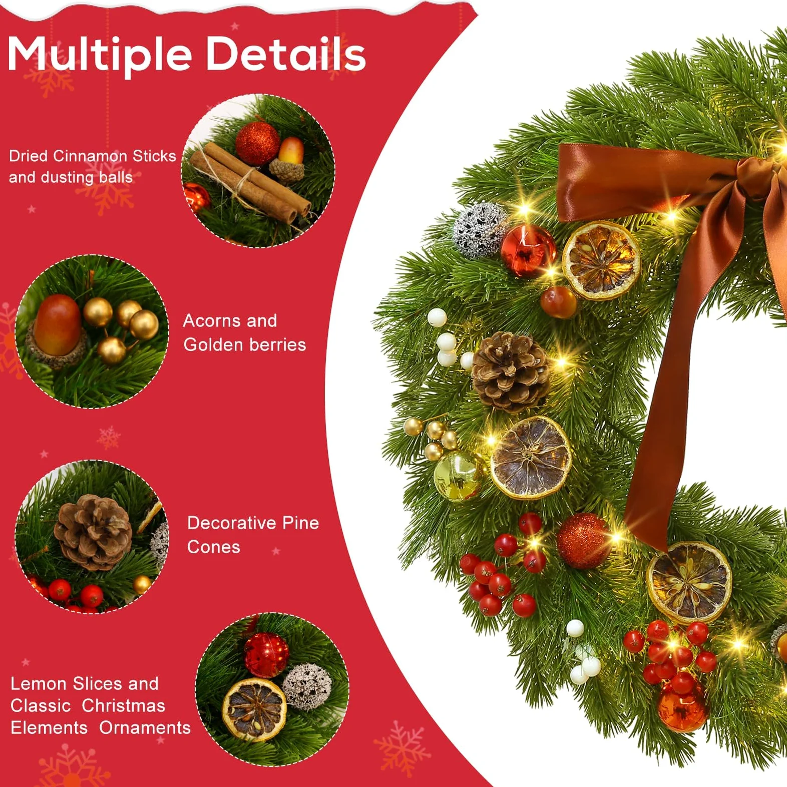 GlobaLink Couronne de Noël Porte 40 LEDs 40CM Couronne et Guirlandes de Noël Artificielle Minuterie à Piles Etanche IP44 Couronne de Noël Lumineuse Decoration pour Porte Entrée Mural Vitre Fenêtre