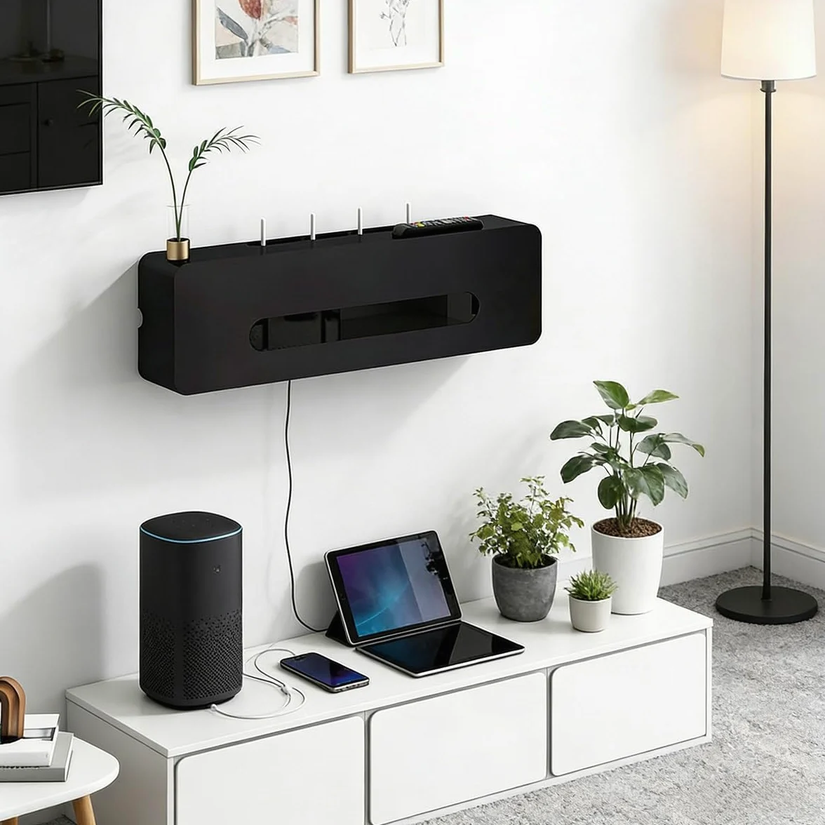 Cache Box Routeur Mural - Boîtier de Rangement en Bois pour Routeur, Câbles et Prises, Salon Chambre Bureau(White,23.6 * 7.9 * 6.3in)