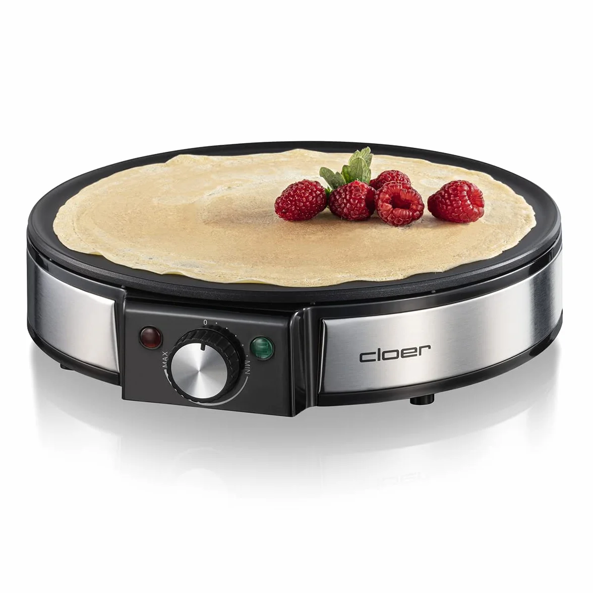 Cloer 6630 Crêpière pour crêpes sucrées ou salées d'un diamètre de 30 cm, 1200 W, revêtement antiadhésif, avec épandeur de pâte et tourne-crêpes, noir