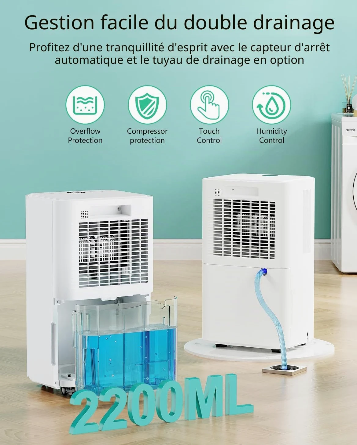Déshumidificateur Électrique 12L/Jour avec Compresseur, 3 Modes, Silencieux et Basse Consommation, Drainage Continu, Réservoir 2,2 L, Minuterie 24 h, Deshumidificateur d Air pour Maison