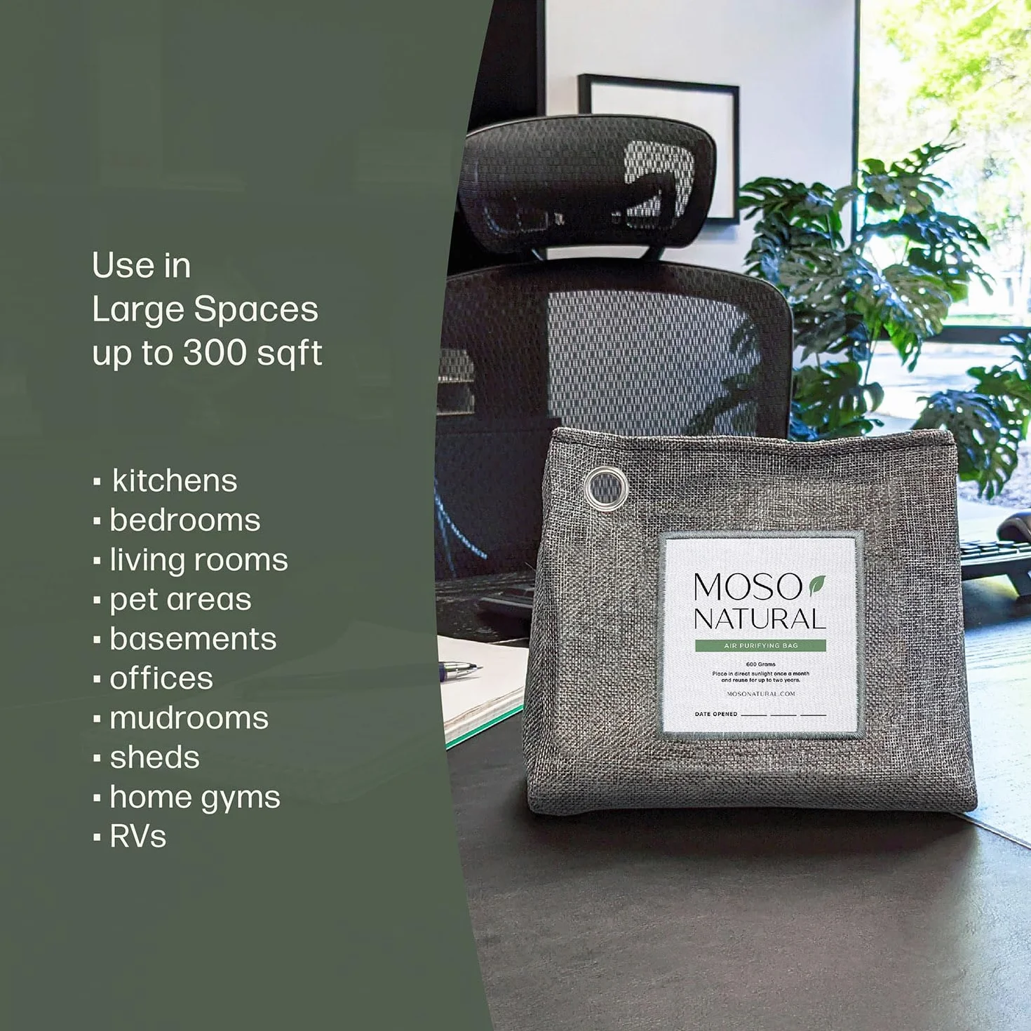 Moso Natural Sac purifiant d'air de 600 g | Absorbeur d'odeurs de charbon de bambou de qualité supérieure | Désodorisant pour grands espaces, chambre, cuisine, sous-sol | Éliminateur d'odeurs