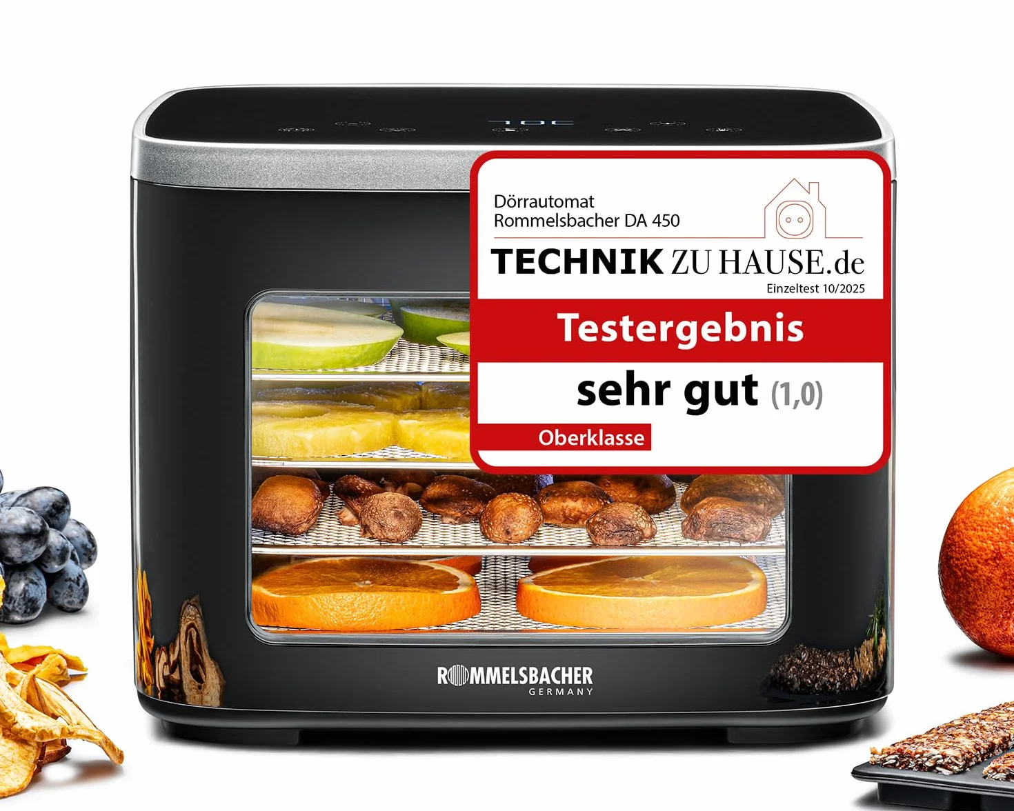 ROMMELSBACHER Déshydrateur automatique DA 450 - Surface de séchage 0,2 m² - Avec 5 plateaux de déshydratation en acier inoxydable - 1 grille de déshydratation - 1 support de déshydratation - 2 moules