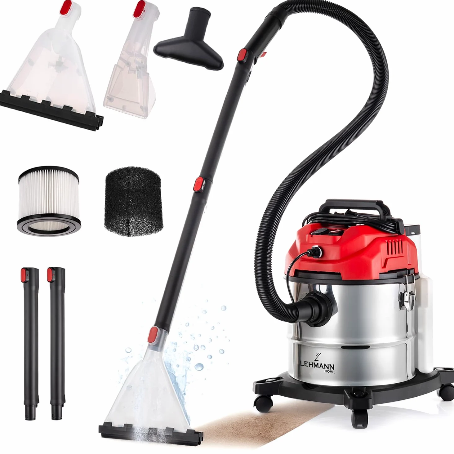 LEHMANN Shampouineuse avec Réservoir de 20L, 1600 W, Aspirateur Injecteur-extracteur avec filtre HEPA, Réservoir à détergent de 4,3L, Aspirateur nettoyeur pour Tapis, Canapé, Matelas et Voiture