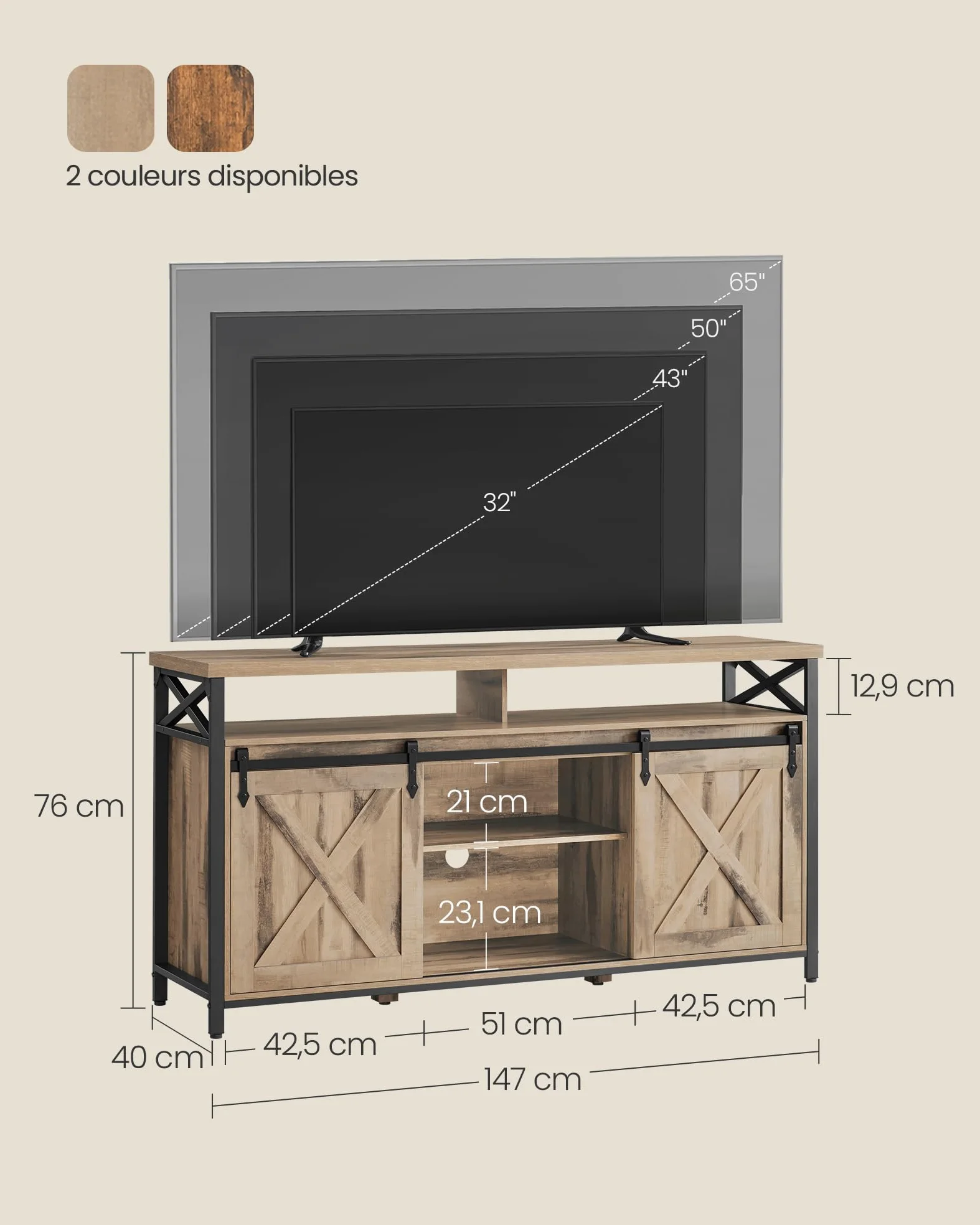 VASAGLE Meuble TV, Support pour Téléviseur Jusqu’à 65 Pouces, avec Étagères Réglables, Portes Imitation Grange, Style Rustique, Cadre en Métal, Marron Camel et Noir Simple LTV071B50V1