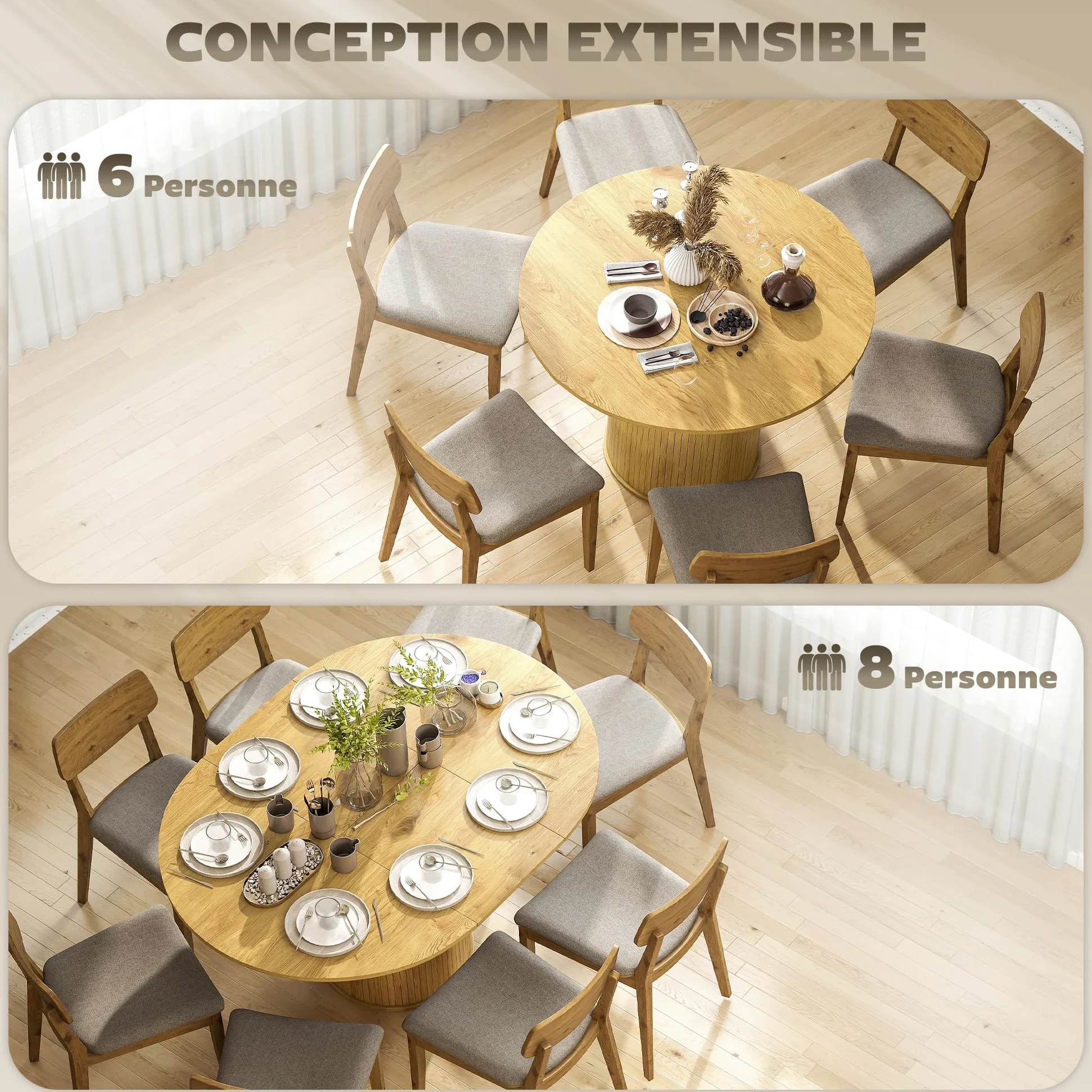 HOMCOM Table à Manger Extensible, Table de Cuisine, pour 6 à 8 Personnes, pour Petits espaces, Style campagnard, 110-150 x 75 cm, Effet Bois Naturel