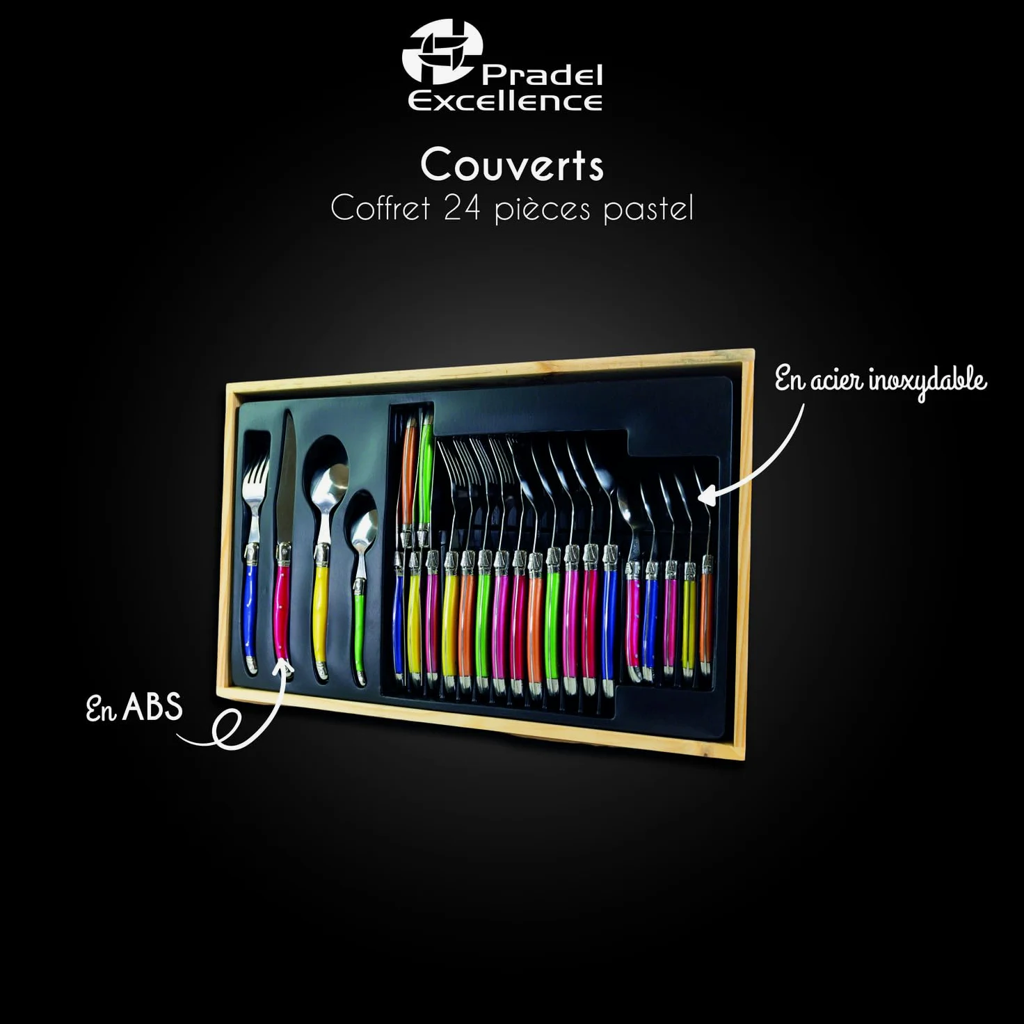 Pradel Excellence - I7214P - Ménagère Laguiole 24 Pièces - 6 Couteaux, 6 Fourchettes, 6 Cuillères à Soupe, 6 Cuillères à Café - Lames Inox - Manches ABS Pastel - Coffret Bois Élégant