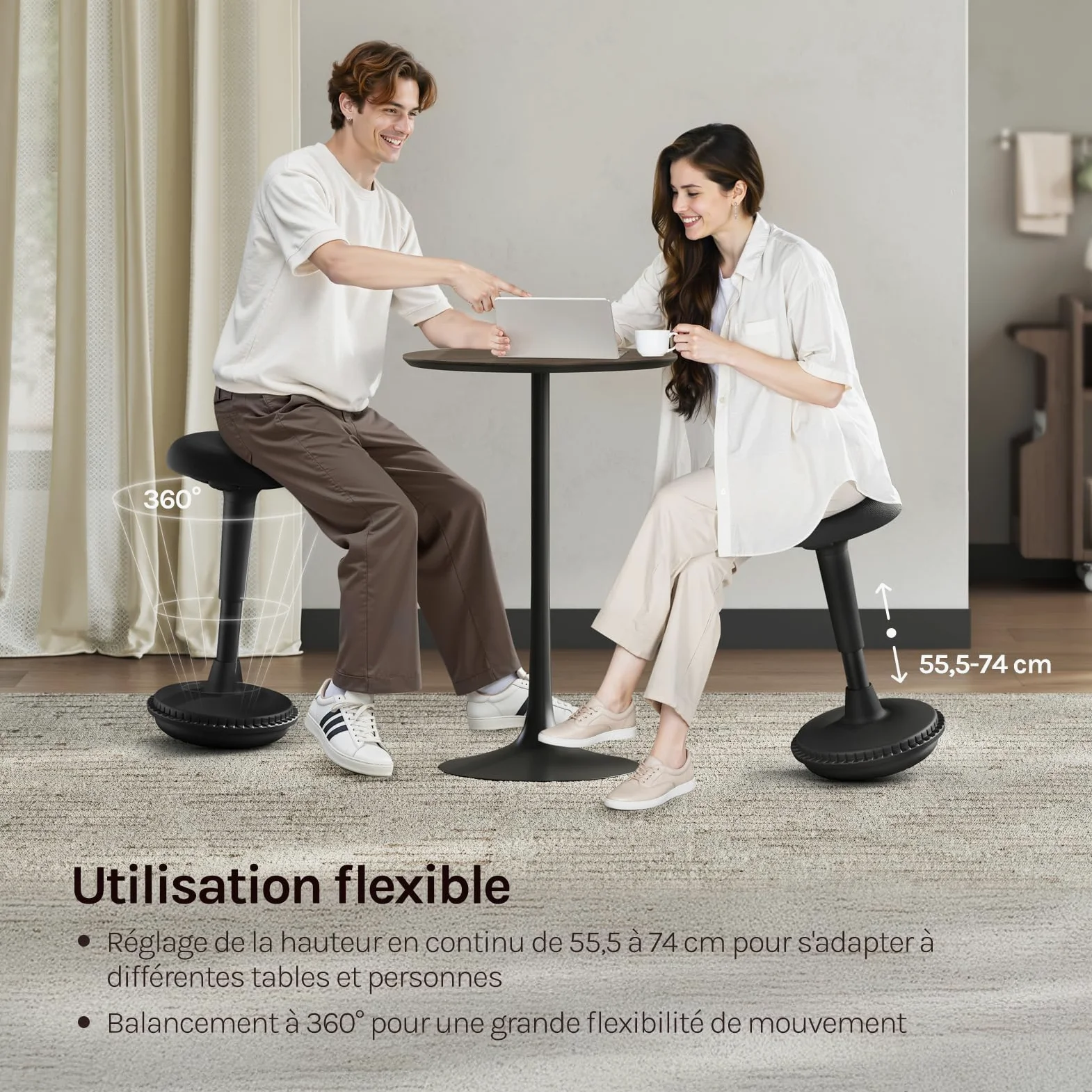 WOLTU Tabouret Ergonomique à Bascule, Tabouret Dynamique, Siège Assis-Debout Pivotant, Hauteur Réglable 55,5 à 74 cm, pour Bureau à Domicile, Noir