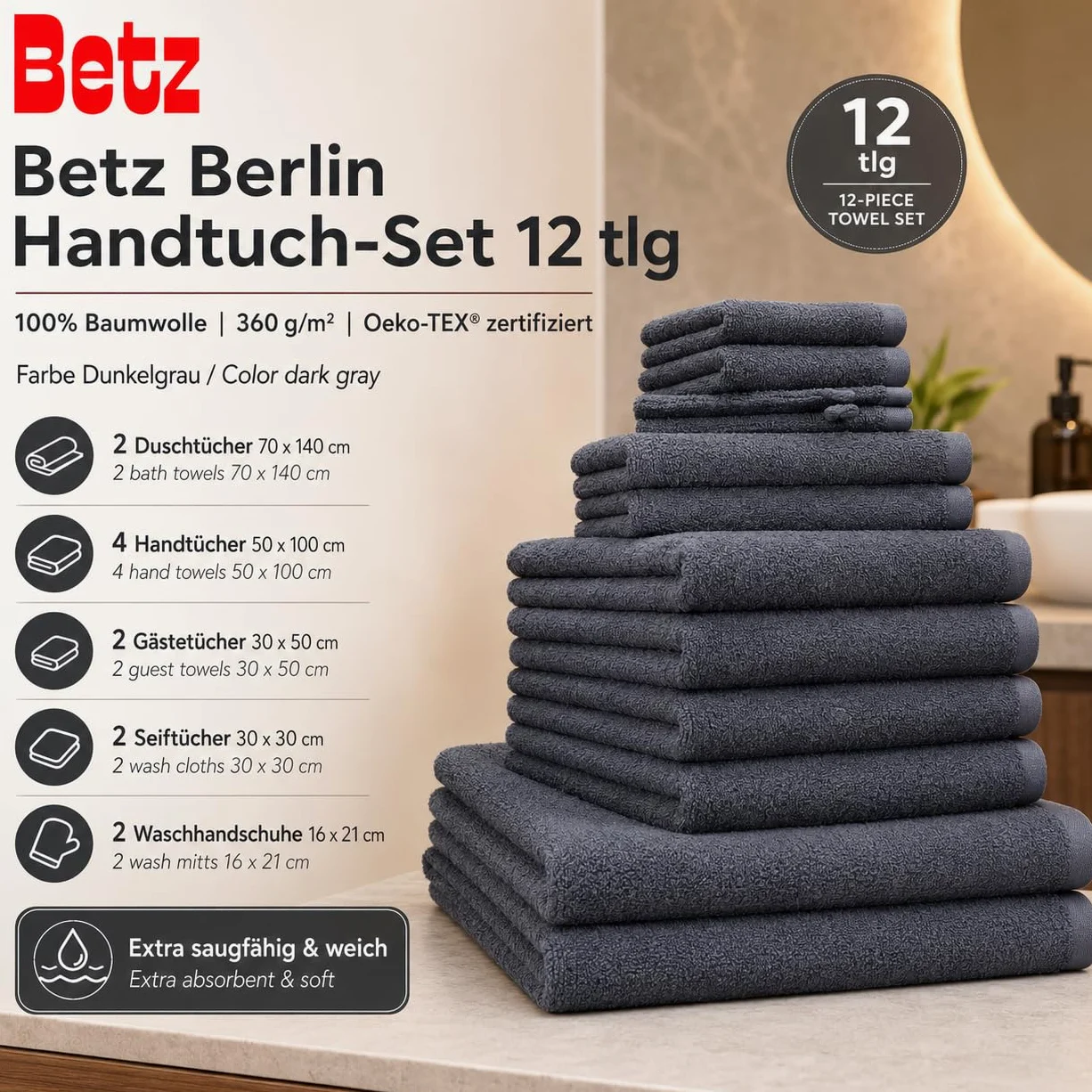 Betz Lot de 12 pièces Berlin 100% Coton 2 Draps de Bain 4 Serviettes de Toilette 2 d'invité 2 lavettes 2 Gants de Toilette Couleur Gris foncé - Berlin