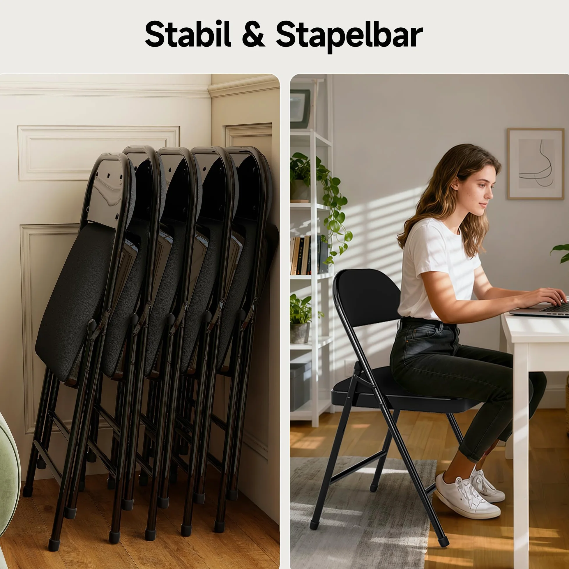 Chaises Pliantes en Similicuir avec Assise rembourrée, Structure en Acier, Lot de 4, idéales pour Les événements, la Maison et Le Bureau.Noir