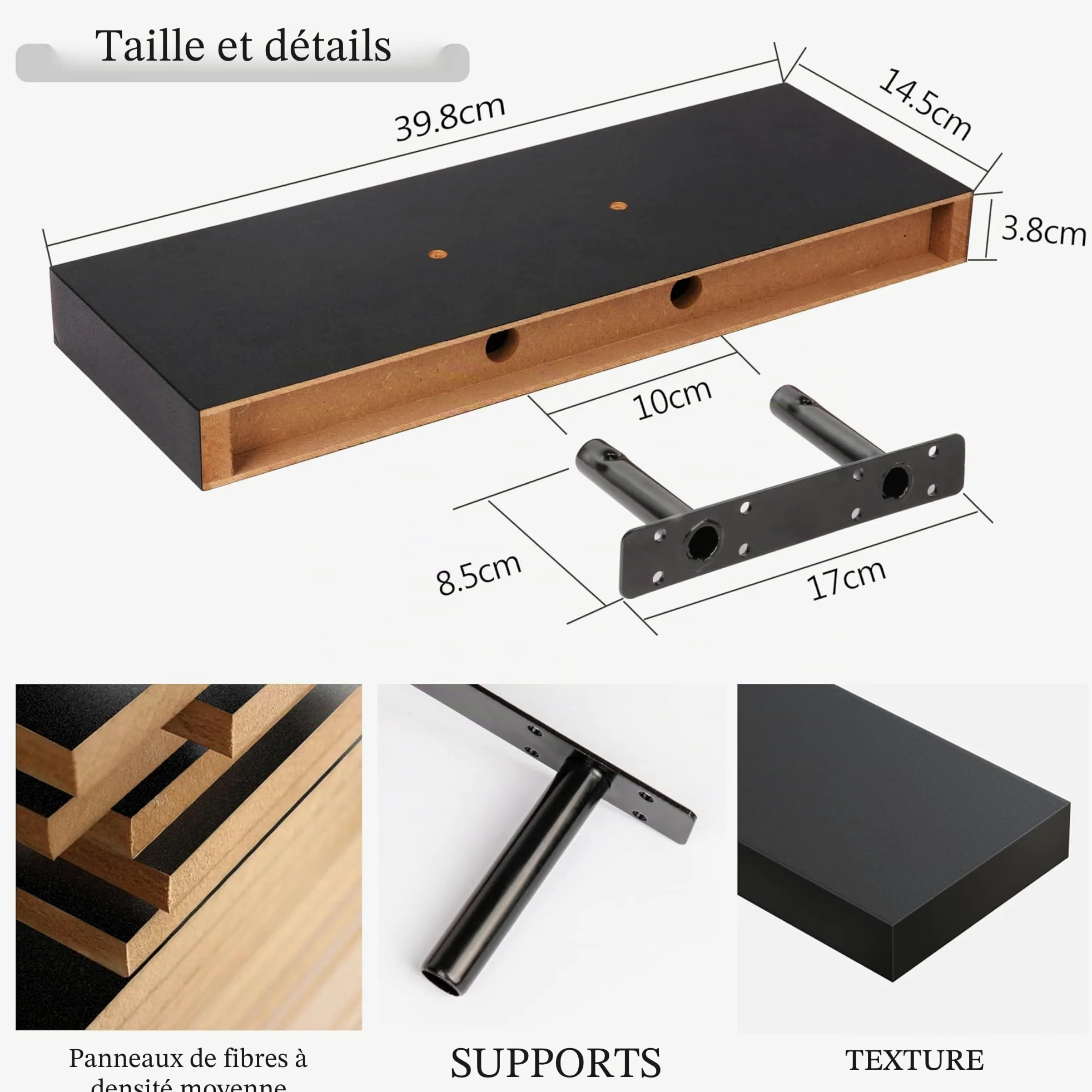 BAMEOS Lot de 2 étagères murales flottantes en Bois Noir avec Supports Invisibles pour Chambre à Coucher, Salle de Bain, Salon et Cuisine