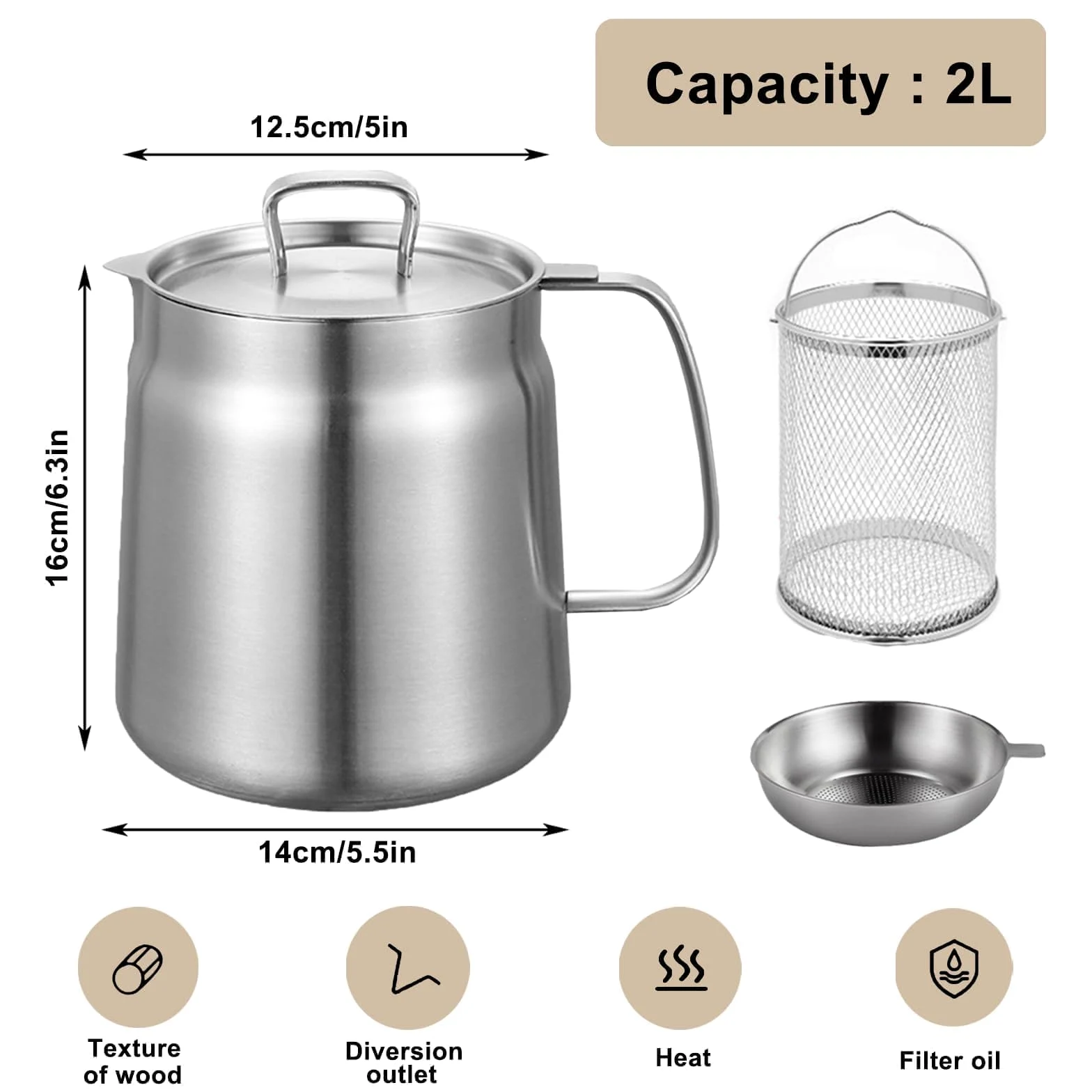 Récipient à Filtrer Huile Inox 304, 2L Grand Volume Polyvalent, Filtre à Huile de Cuisine Avec Couvercle Anti-poussière, avec Panier à Frire, Brosse à Cuisinière, Filtre et Gants
