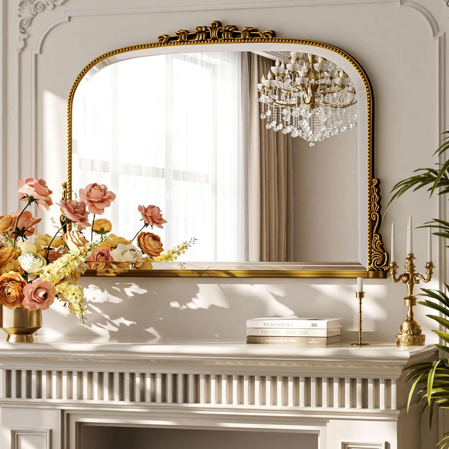 BEAUTYPEAK Miroir mural, arc, 90 x 67 cm, style baroque, ovale, avec cadre doré, incassable, vintage, grand miroir décoratif pour salon, salle de bain, couloir