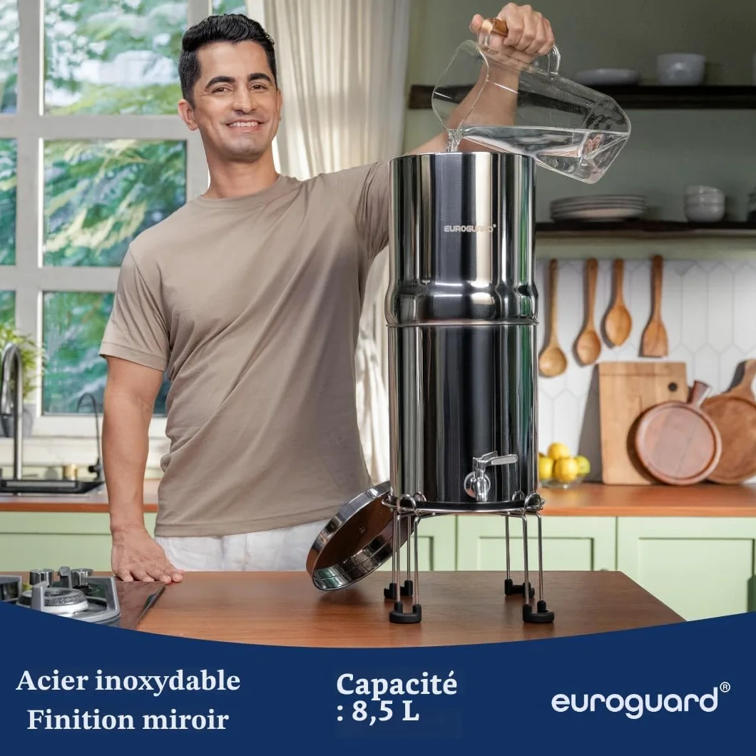 Filtre à Eau par Gravité 8,5L – Purificateur d’Eau en Acier Inoxydable 304, 2x Filtres à Charbon Actif, Certifié NSF/ANSI 42 & 372, Robinet en Acier Inoxydable, Sans Électricité
