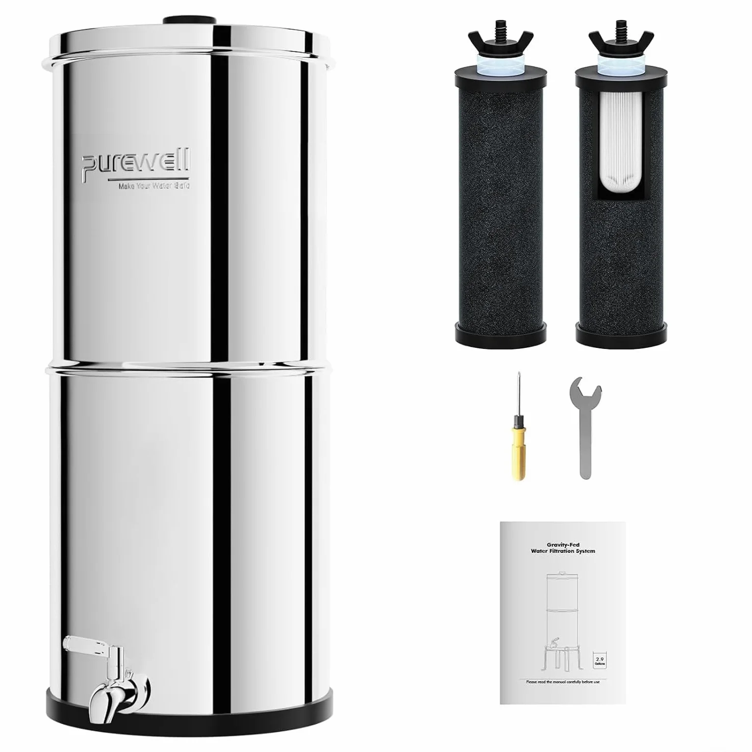 Purewell Filtre à Eau par Gravité 8,5L - Système de Filtration Familial avec Charbon Actif - Purificateur d'Eau pour Robinet et Eau de Pluie - Technologie Ultrafiltration - Grande Capacité