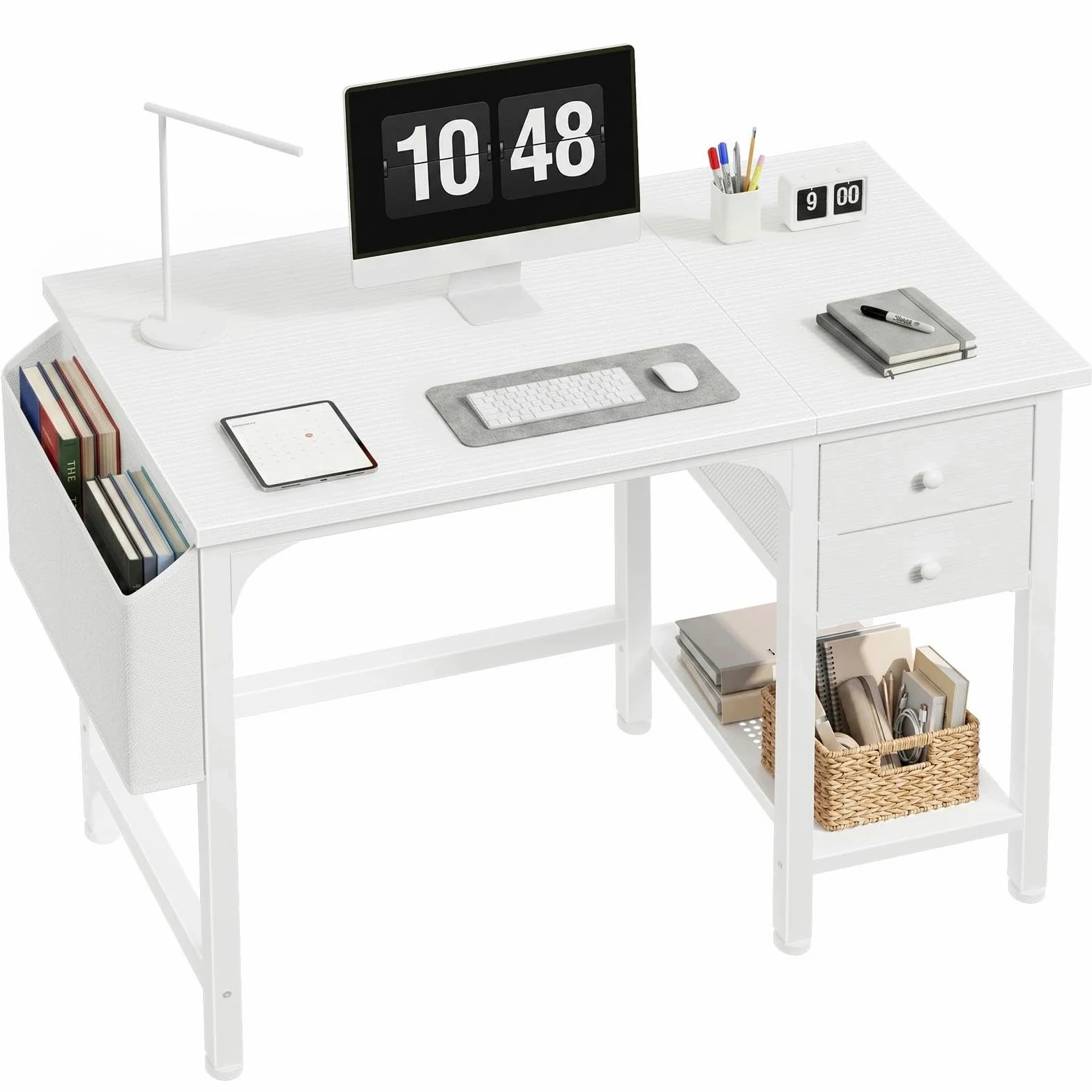 Lufeiya Bureau Blanc avec 2 Tiroirs de Rangement Petit PC Bureau 100cm Informatique pour Chambre Petit Espace Ado Fille