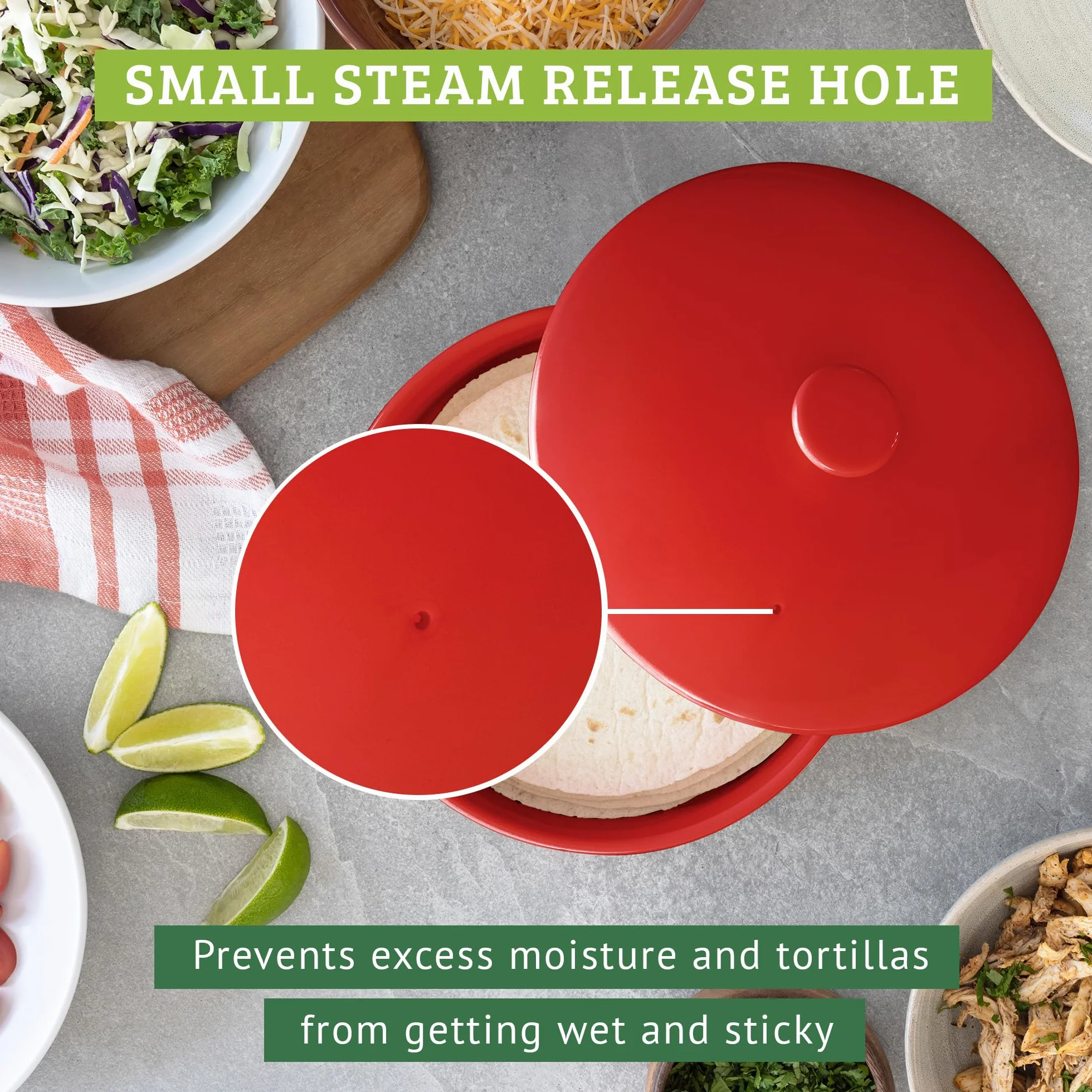 Chauffe-tortilla en Céramique 20 cm, Garde Tortilla Micro-ondable, Spéciale Boîte à Crepes & Tortillas avec Couvercle, Excellent pour Stocker et Chauffer vos Pancakes (Rouge)