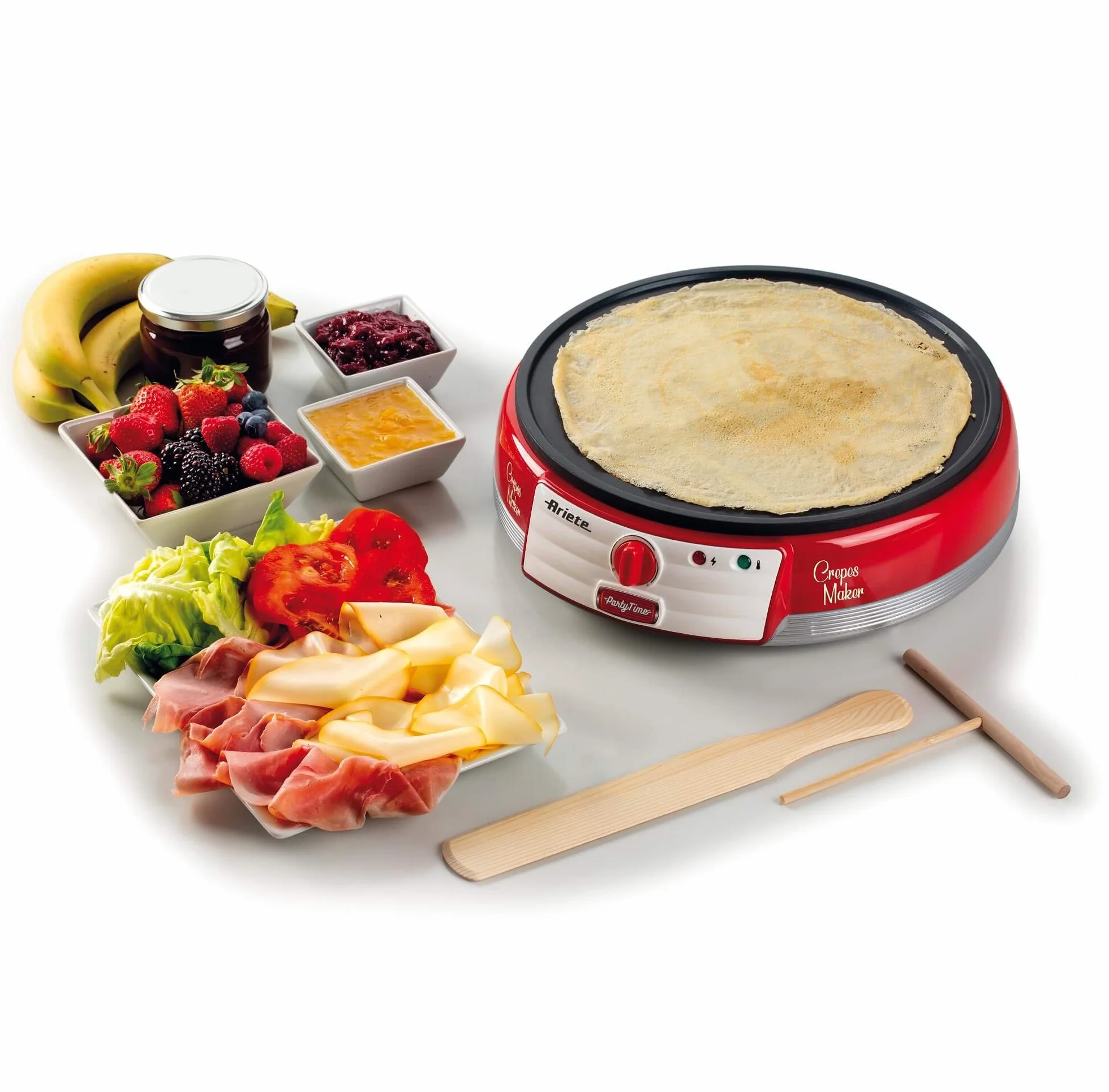 Ariete Crêpière Party Time 202, Crêpière Électrique avec Plaque Anti-Adhésive, Plaque à Crêpes Électrique avec Spatule et Étaleur de Pâte Inclus, 1000W, Rouge