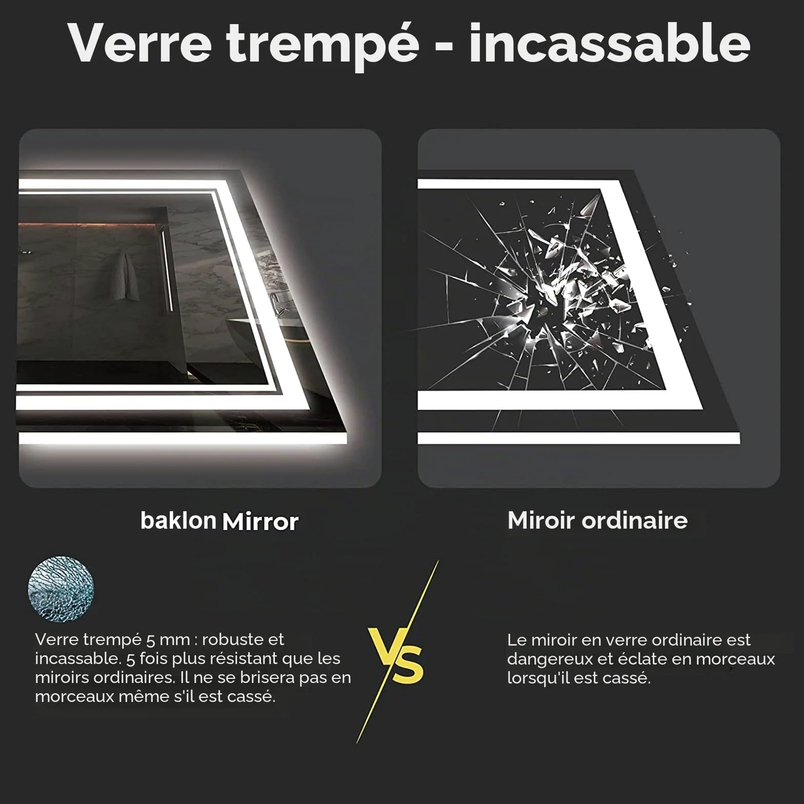 Miroir de Salle de Bain, avec éclairage, 120 x 70 cm, Miroir Mural et Interrupteur Tactile, IP65 LED, avec Fonction mémoire, 3 températures de Couleur, Horizontale/Verticale, Verre trempé HD