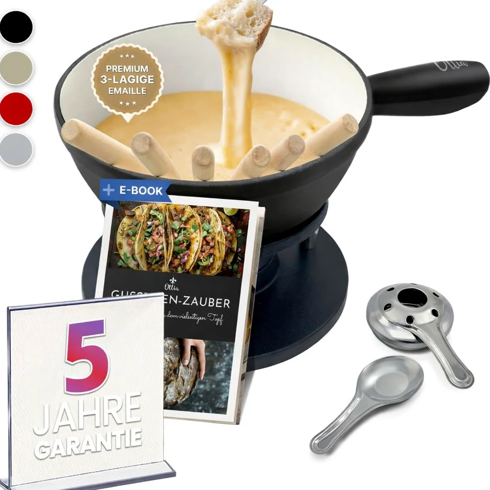 Ottia HH Service à fondue en fonte et émail pour 2, 3, 4, 5, 6 personnes Convient pour fondue au fromage, à la viande, au chocolat, sans substances nocives, avec brûleur, fourchettes et livre de