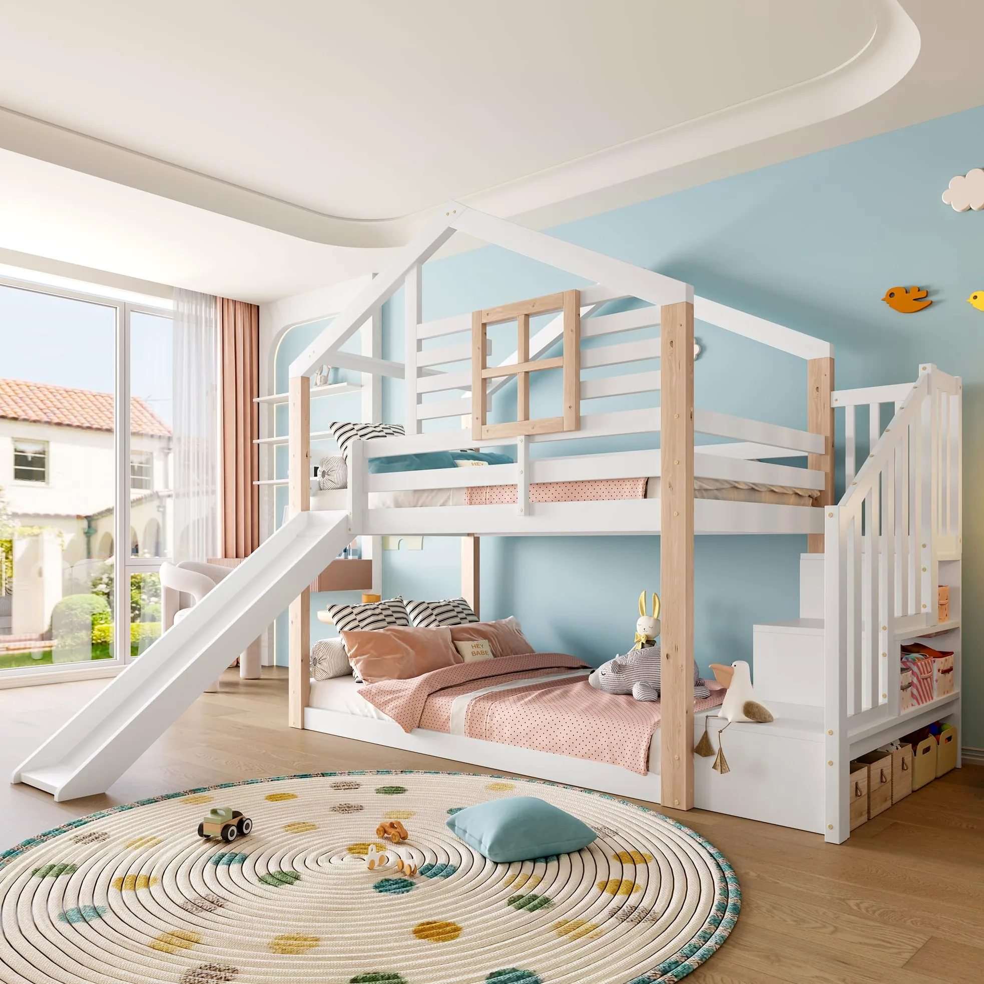 Zepneiy Lit Cabane Enfants 90x200 avec Toboggan et fenêtre, Lit Superposé 2 Places avec Rampe et Espace de Rangement, pour Les frères et sœurs, en Bois Massif Blanc (sans Matelas)