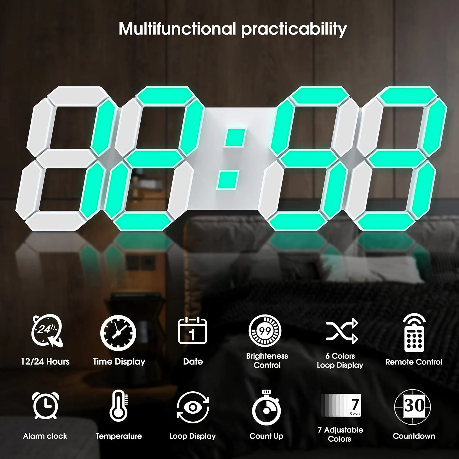 Horloge murale 3D LED 7 couleurs 38,1 cm avec télécommande réveil numérique à luminosité réglable, minuteur 12/24 heures, heure/date/température, cycle de couleurs pour chambre/salon/bureau à domicile