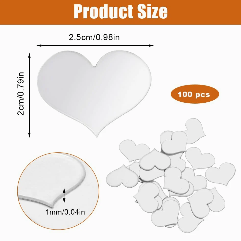100 PCS Tuiles de Miroir de Coeur, Amour Artisanat de Petits Miroirs, Petits Carreaux de Miroir en Acrylique, Tuiles de Miroir Artisanales pour Projets d'Artisanat, Encadrement, Décoration de Chambre
