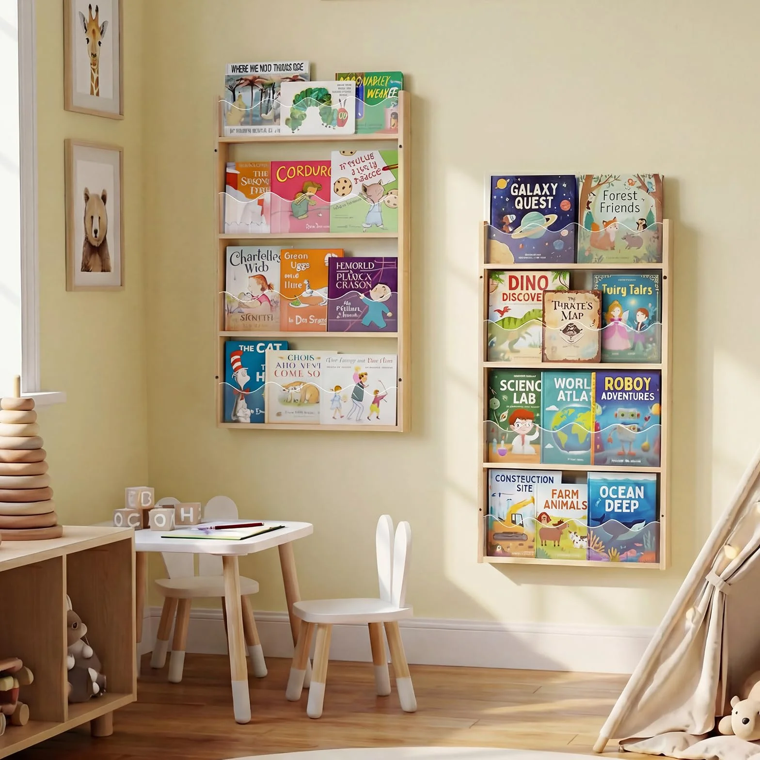 Étagère Murale 4 Niveaux Chambre d'enfant Bois & Acrylique - Étagère à Livres Flottante Chambre Bébé, Étagère Montessori Murale, Rangement Livres Enfant, Organisateur de Jouets & Livres
