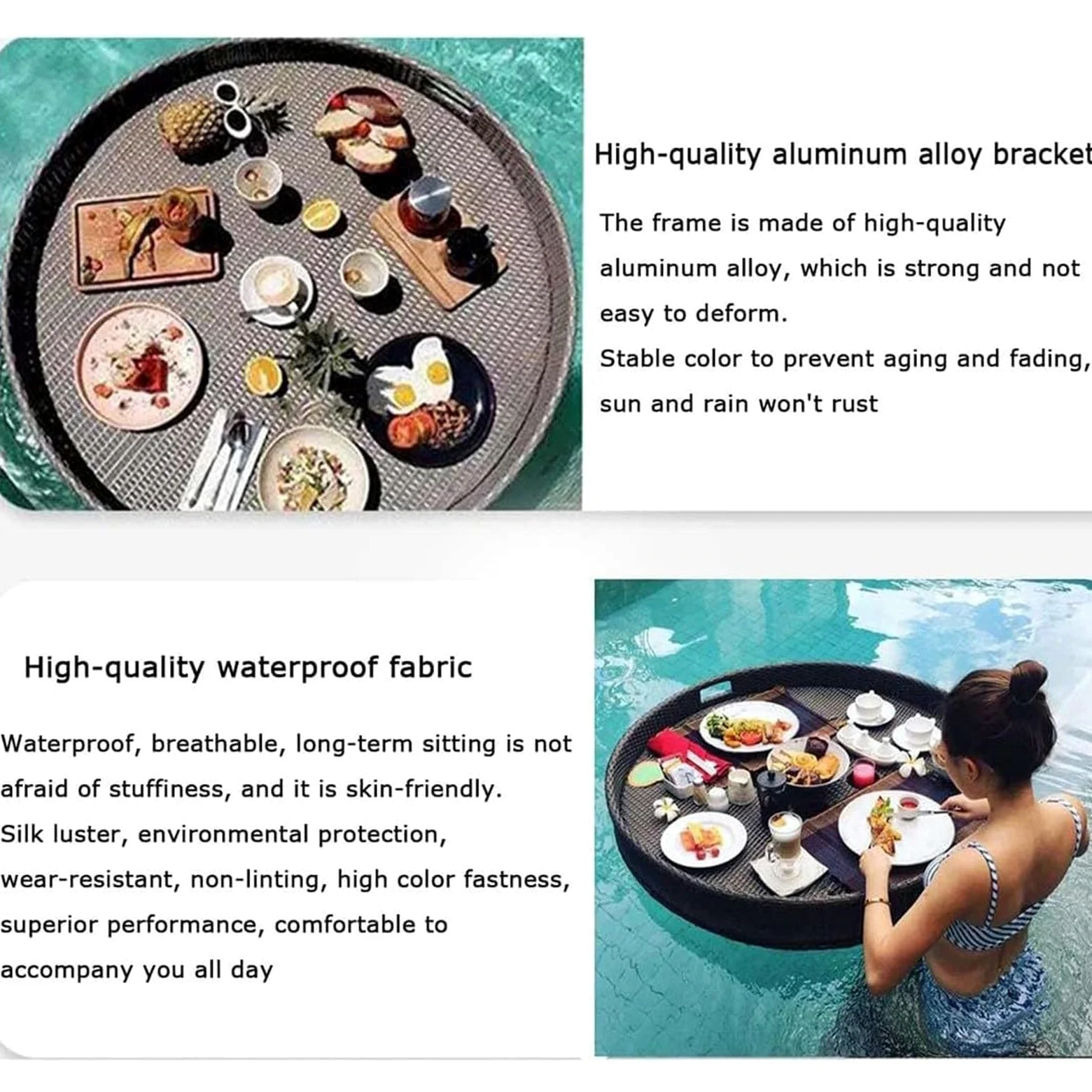 Plateau de Service tissé en rotin Plateau de Petit-déjeuner Flottant en rotin avec poignées, Plateau Flottant, flotteurs de Piscine pour Adultes pour Le Petit-déjeuner dans Un Bain à remous,